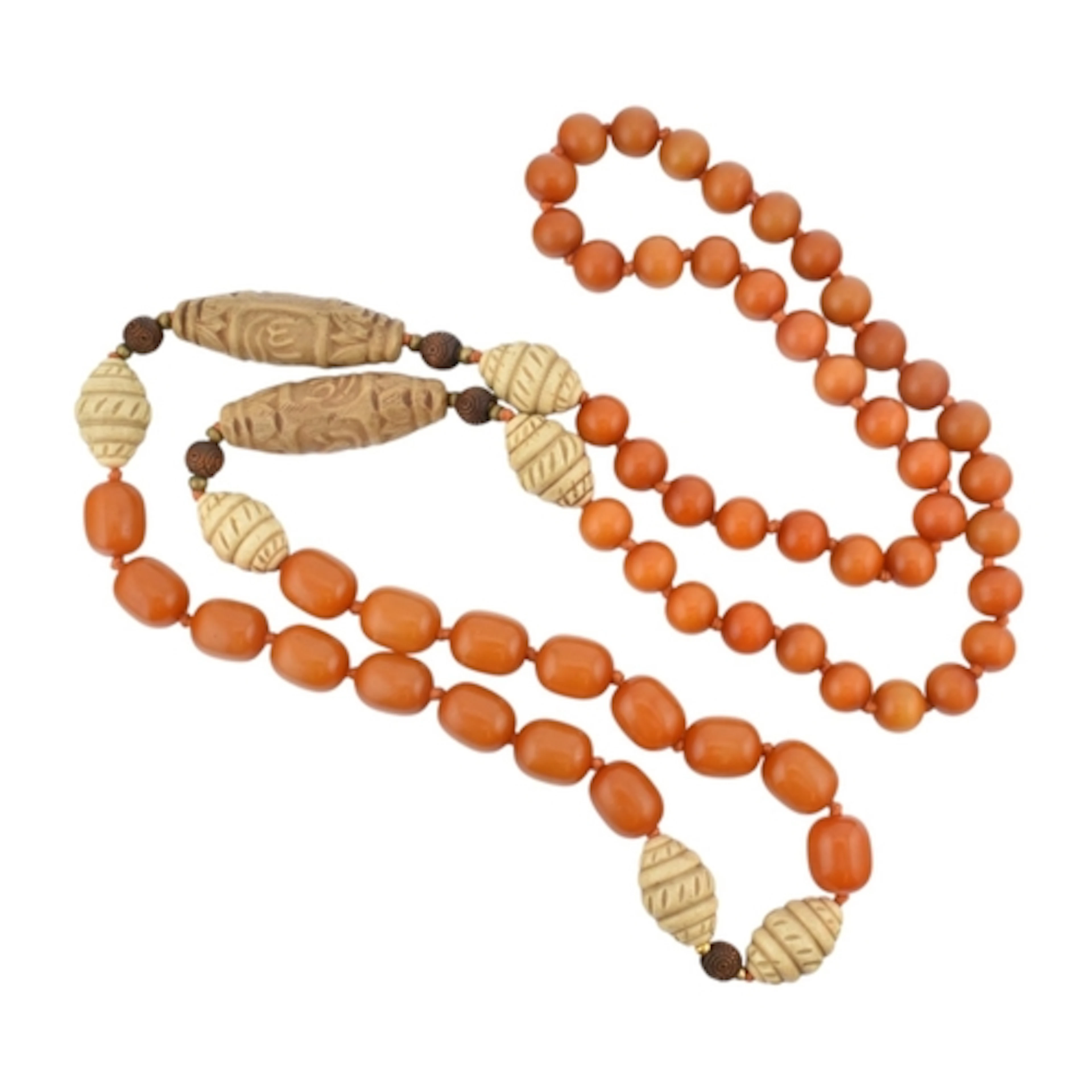 An orange and brown bead necklace. Strung with orange beads ...
