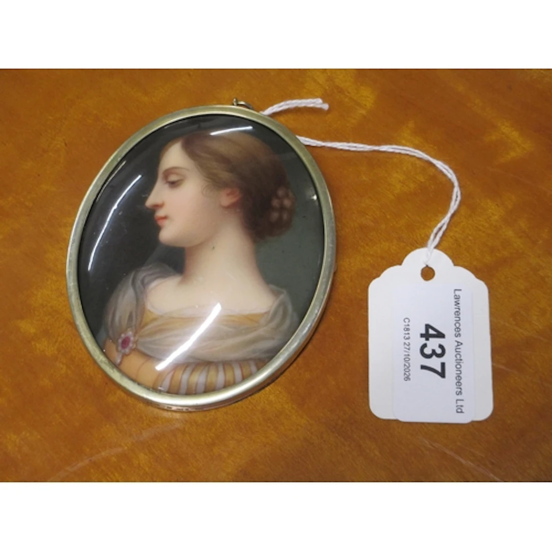 Antique oval miniature head and shoulder portrait on porcela...