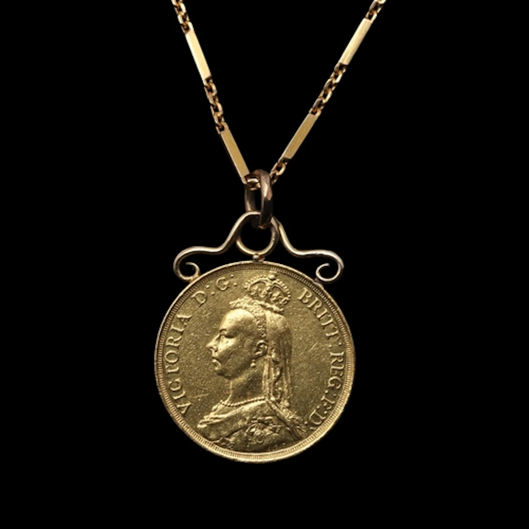A GOLD QUEEN VICTORIA JUBILEE DOUBLE SOVEREIGN MOUNTED AS PE...