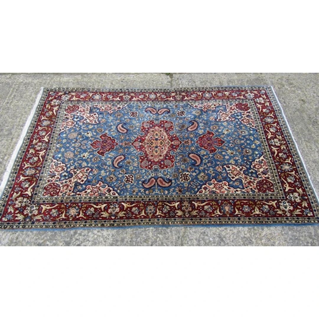 Sarouk Persian Pure Wool Rug Pale Blue and Burgundy Ground P...
