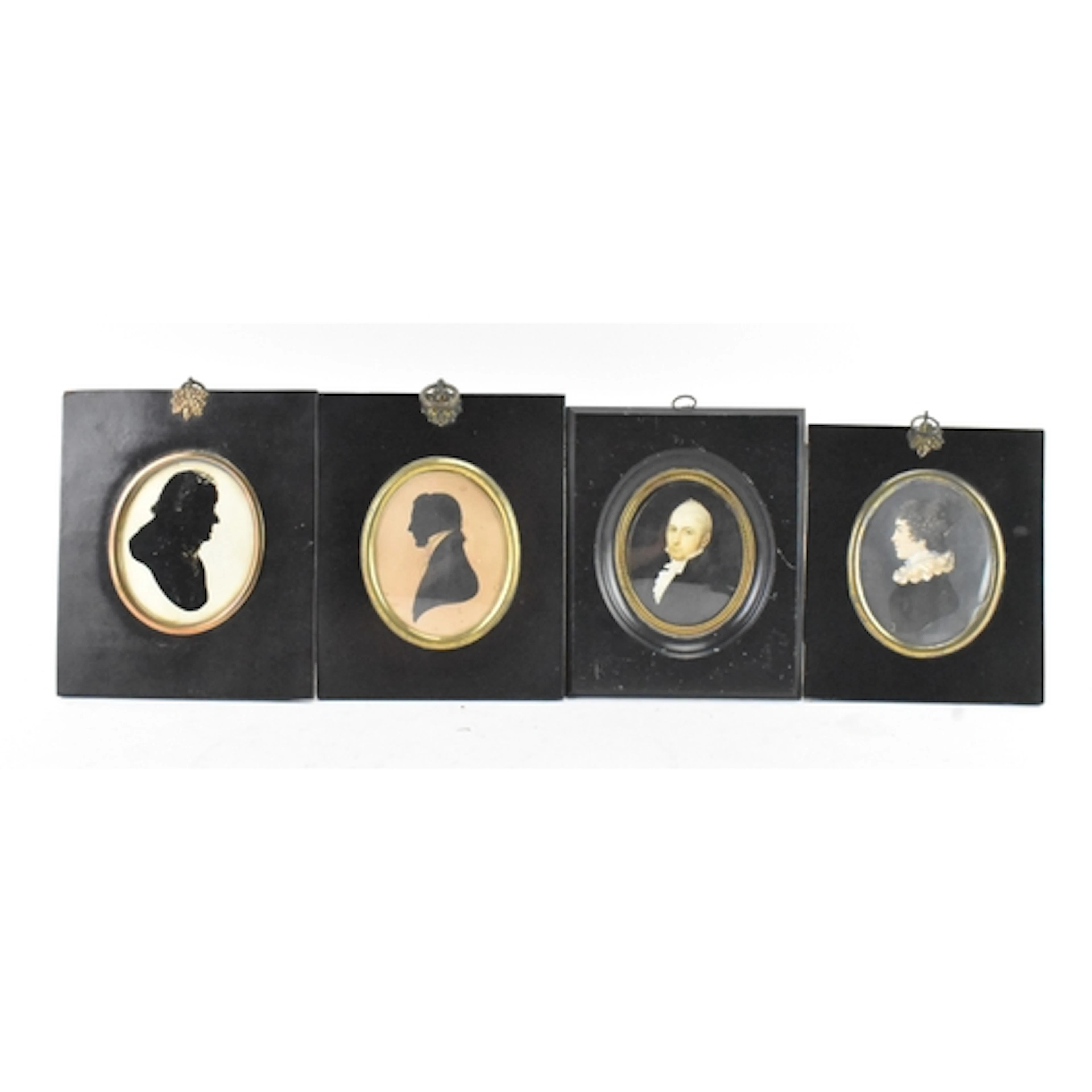 Four 19th century portrait miniatures and silhouettes, compr...