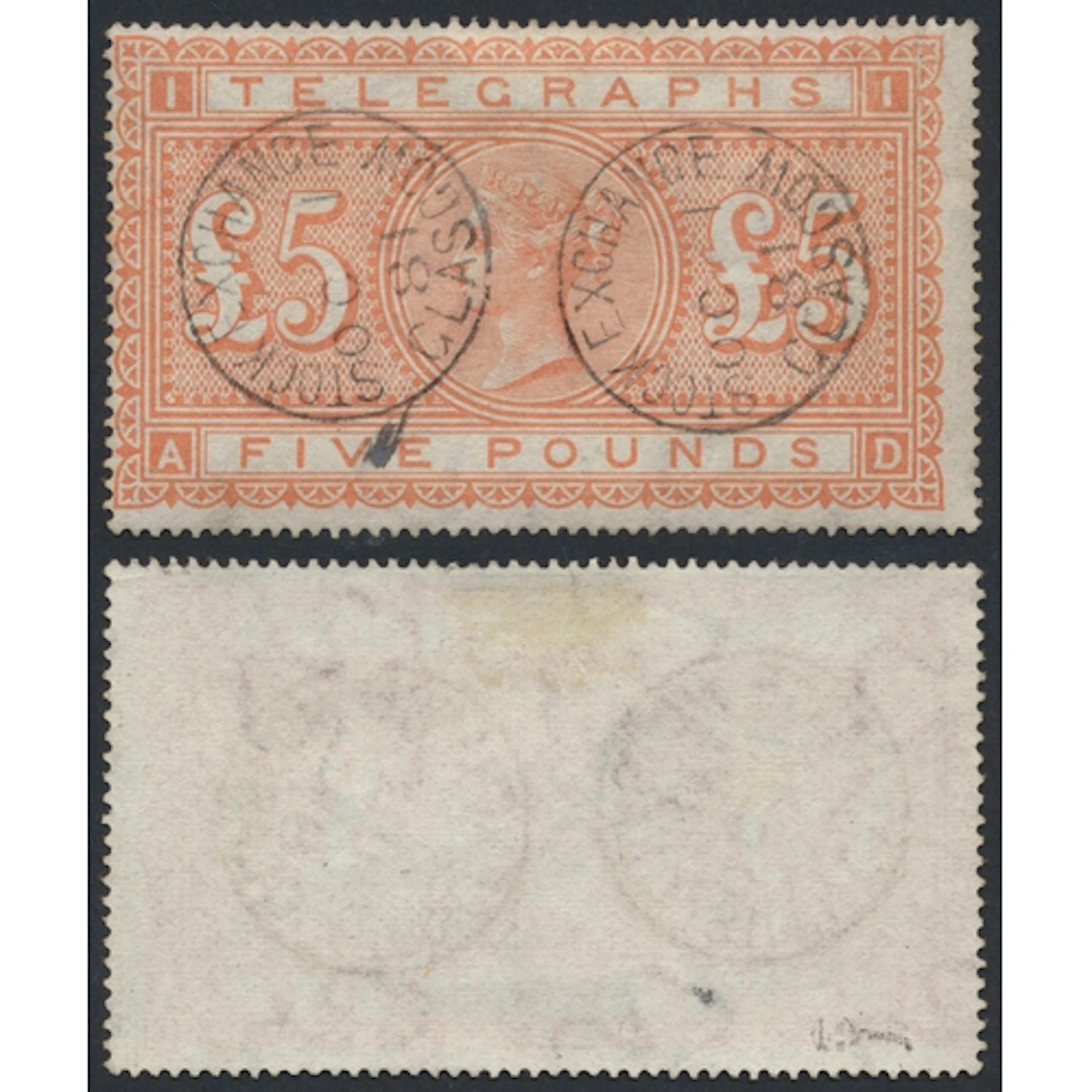 1876-81 Telegraph £5 orange, fine used with two single strik...