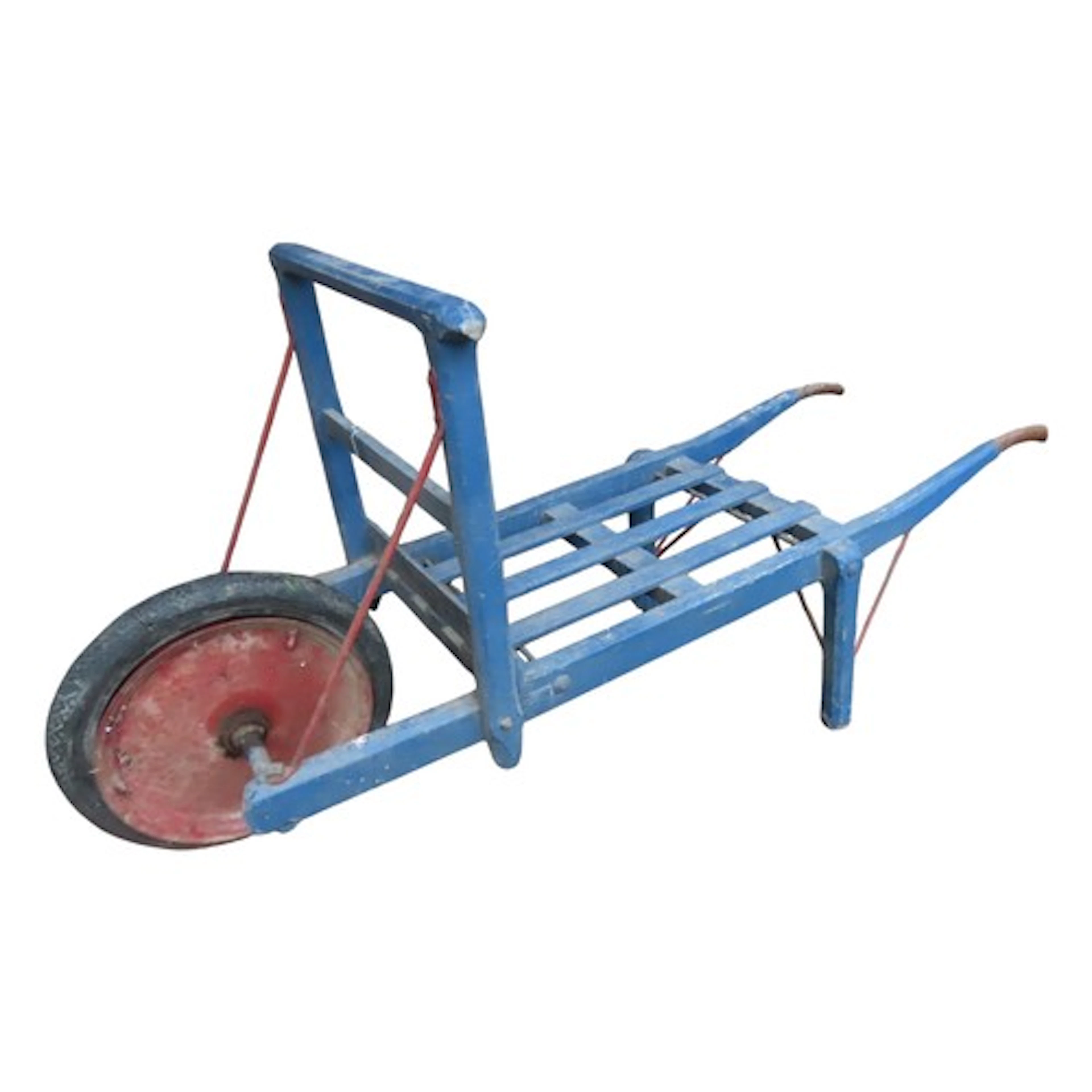 An antique blue painted wooden hand cart/barrow with through...