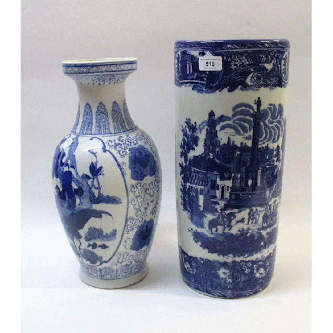 Blue and white baluster form vase, decorated with birds, tog...