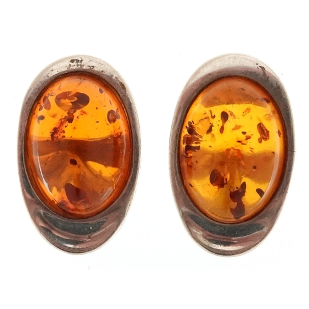 Pair of silver natural amber clip on earrings, 2.5cm high, t...