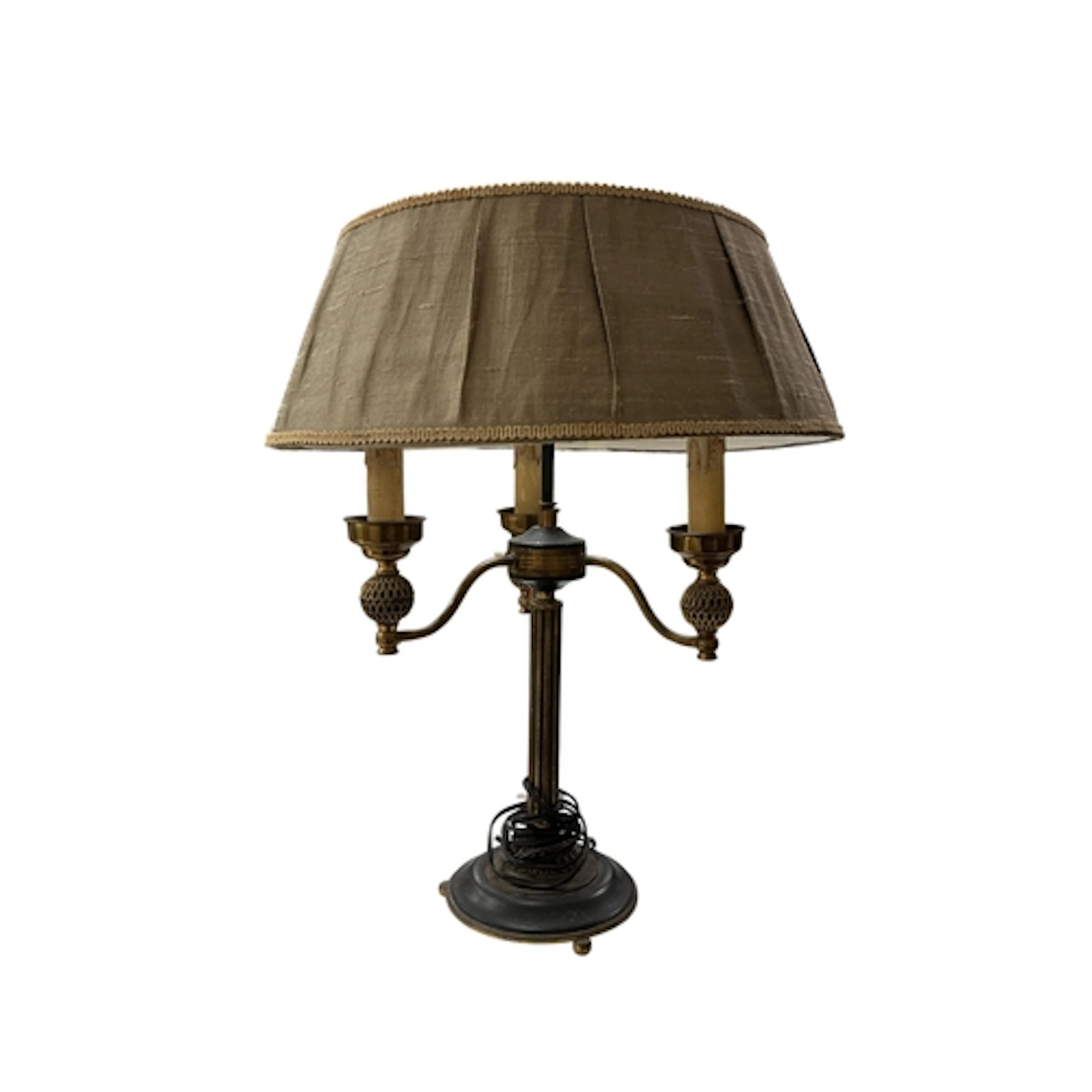 A brass and black japanned three branch table lamp, with sha...