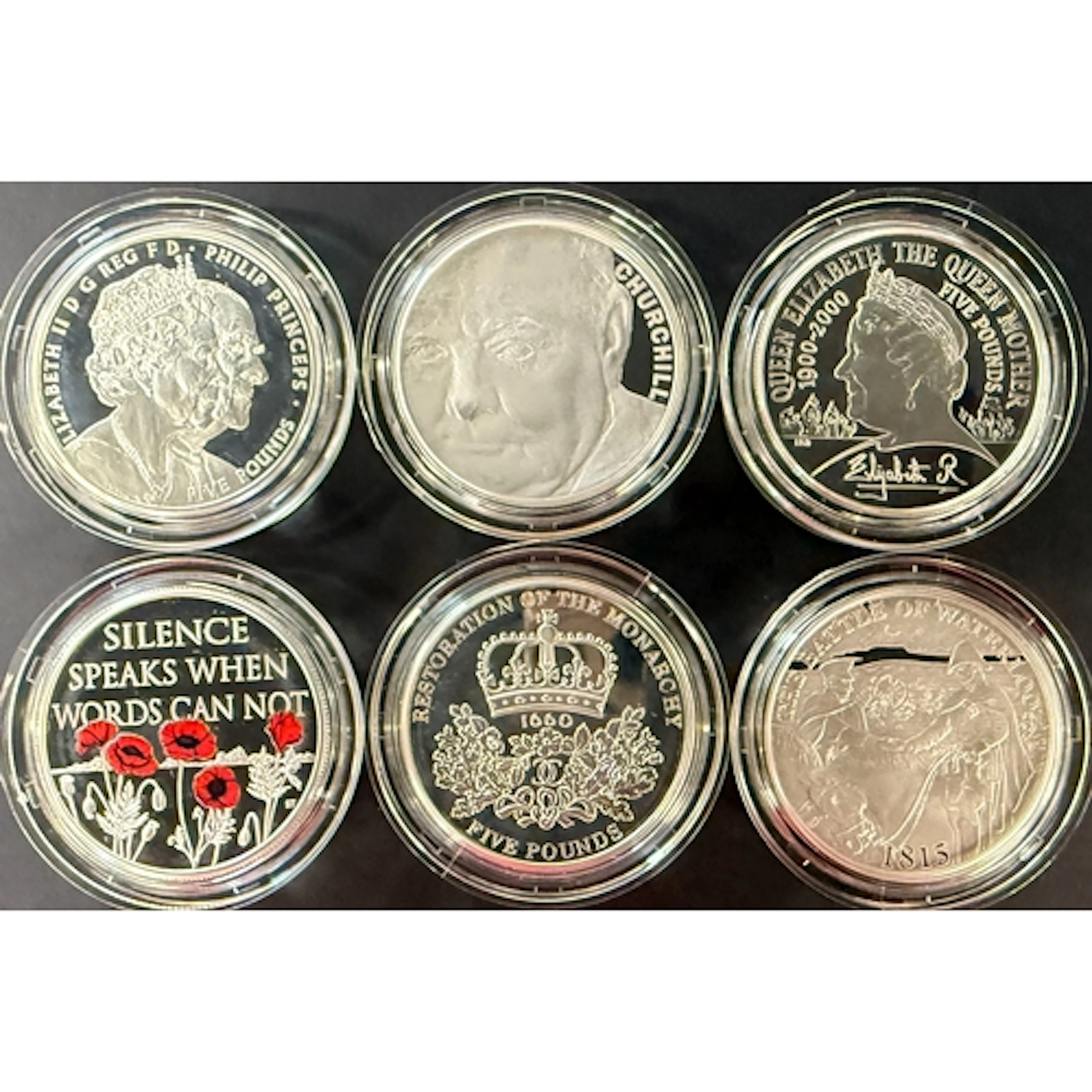 A group of six UK QEII £5 silver proof Piedfort coins, compr...