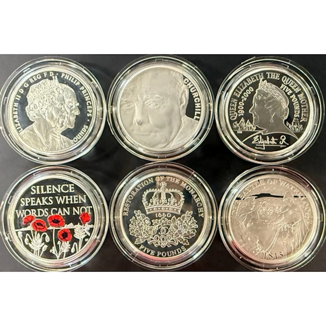 A group of six UK QEII £5 silver proof Piedfort coins, compr...