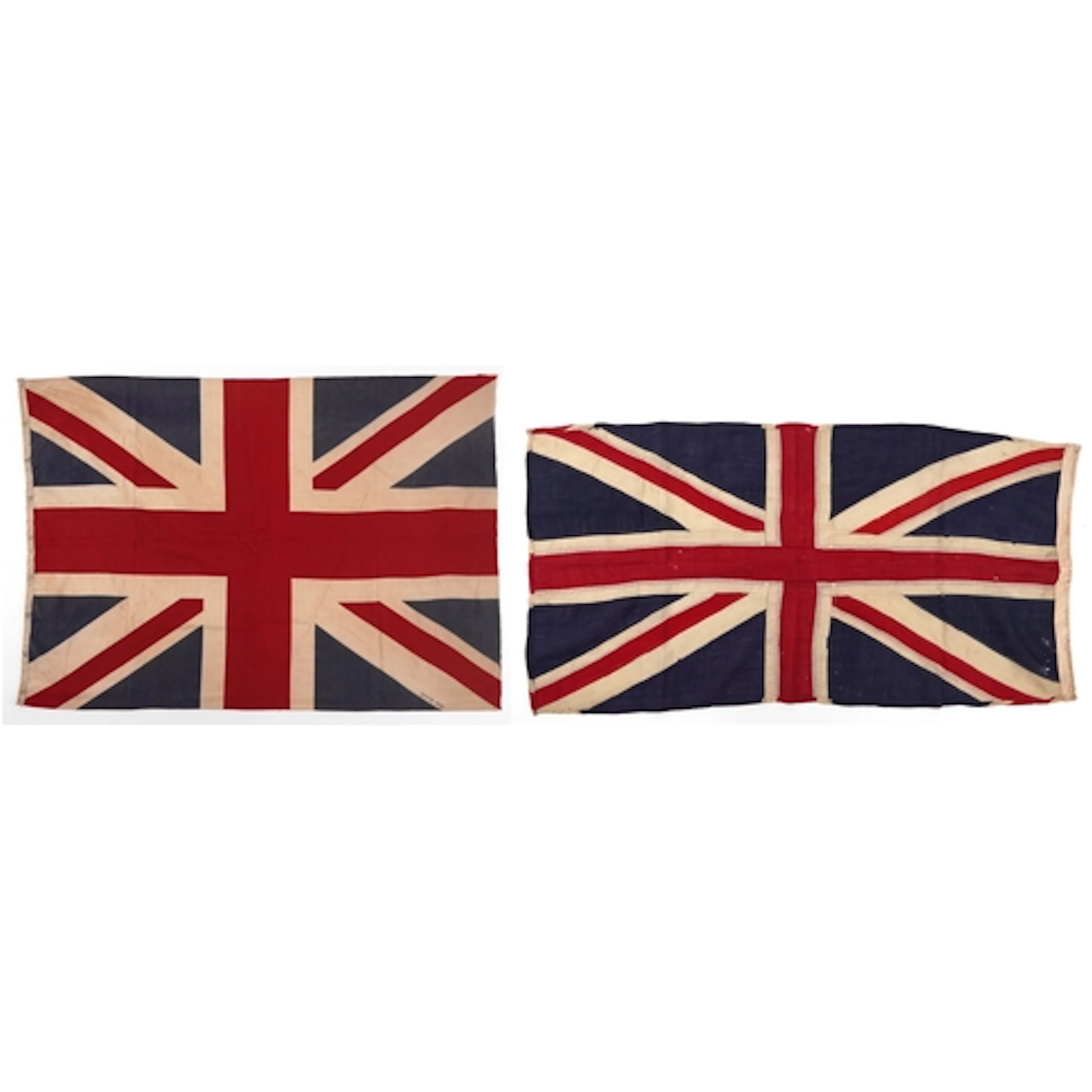 Two vintage Union Jack flags, the largest 128cm in length.