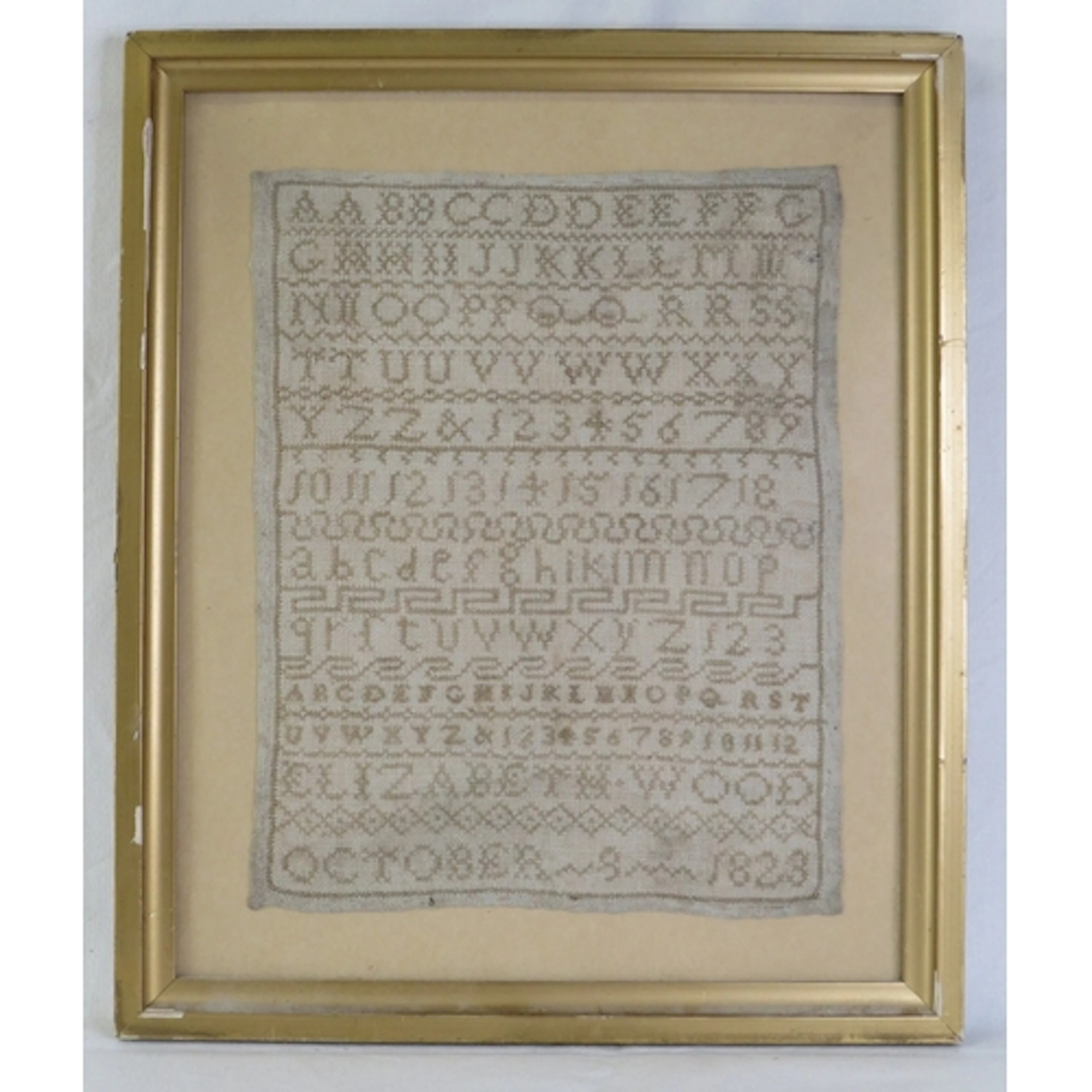 F/g Needlework Sampler dated 1828 approx. 28cm W x 33.5cm H ...