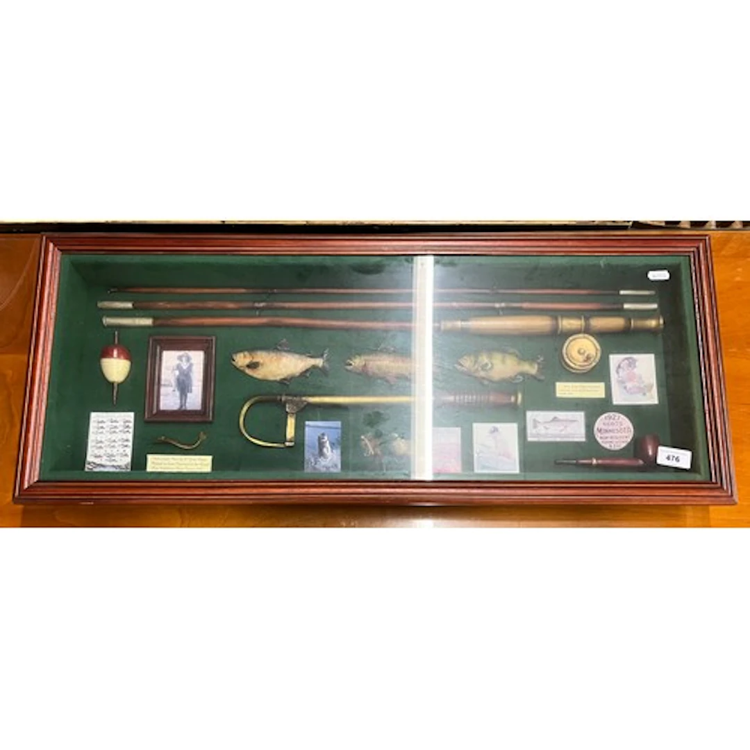Reproduction cased fishing accessories to include rod, gaff,...