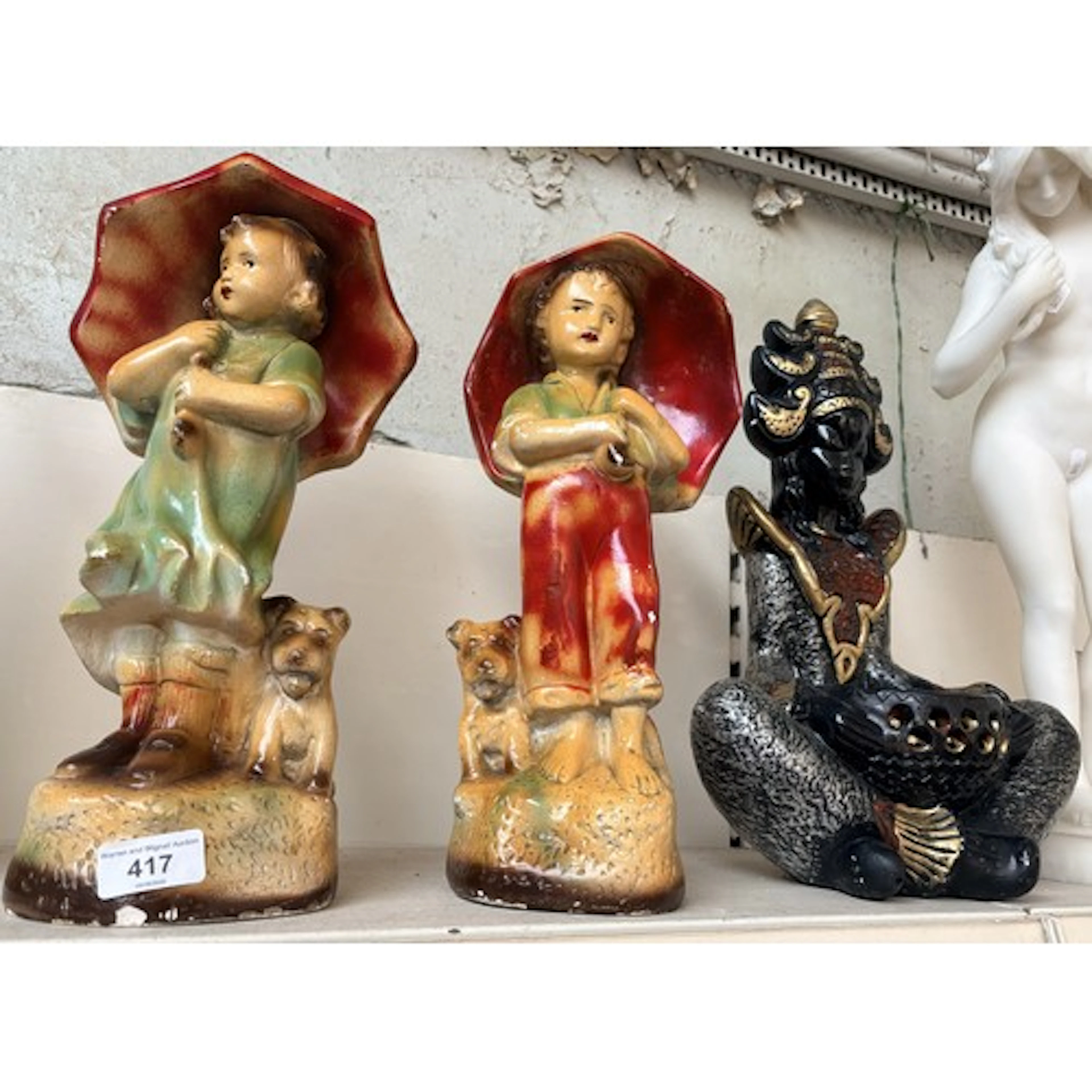 2 parian ware figurines and 3 plaster figures including chil...