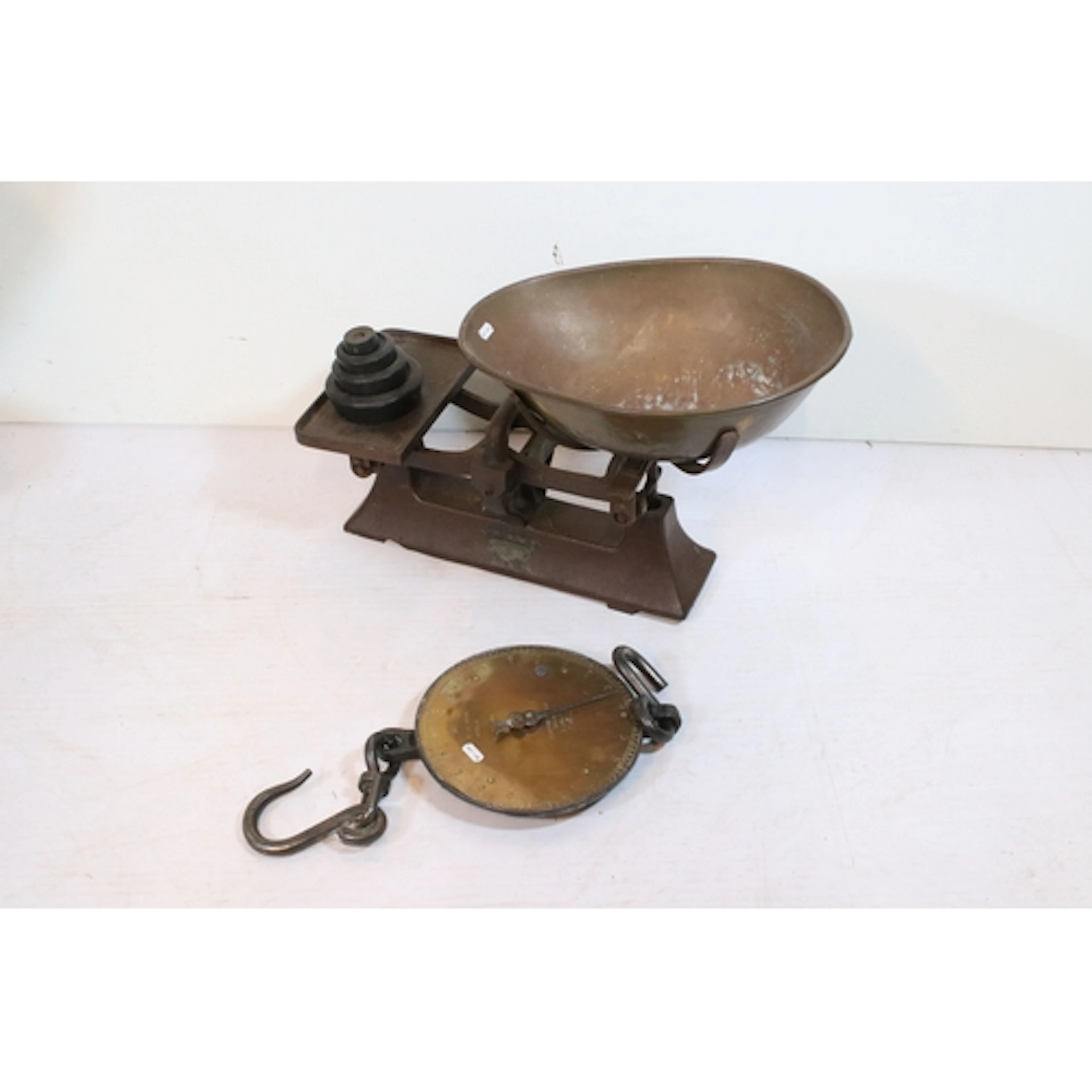 Set of large antique brass and cast iron weighing scales tog...