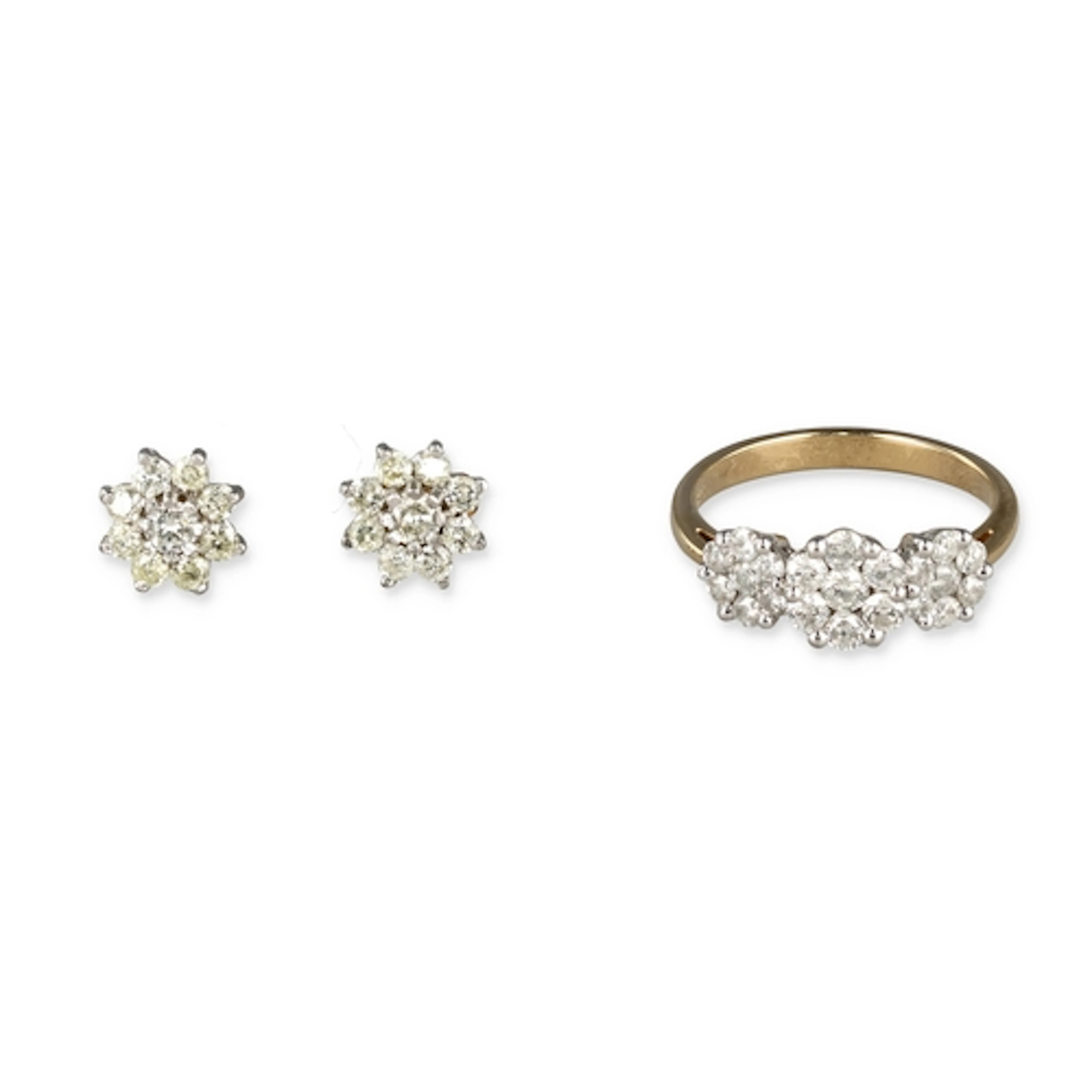 A PAIR OF 9 CARAT GOLD DIAMOND CLUSTER EARRINGS Together wit...