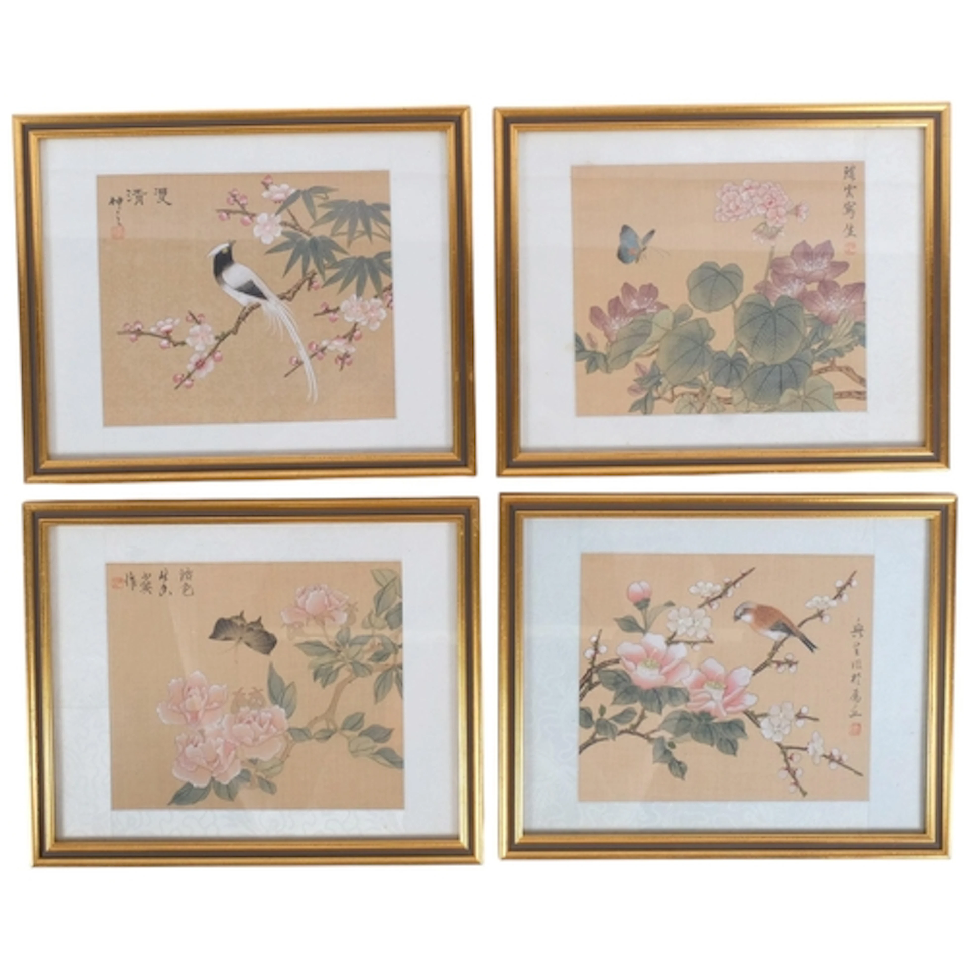 A group of 4 Oriental watercolour on silk panels, floral and...