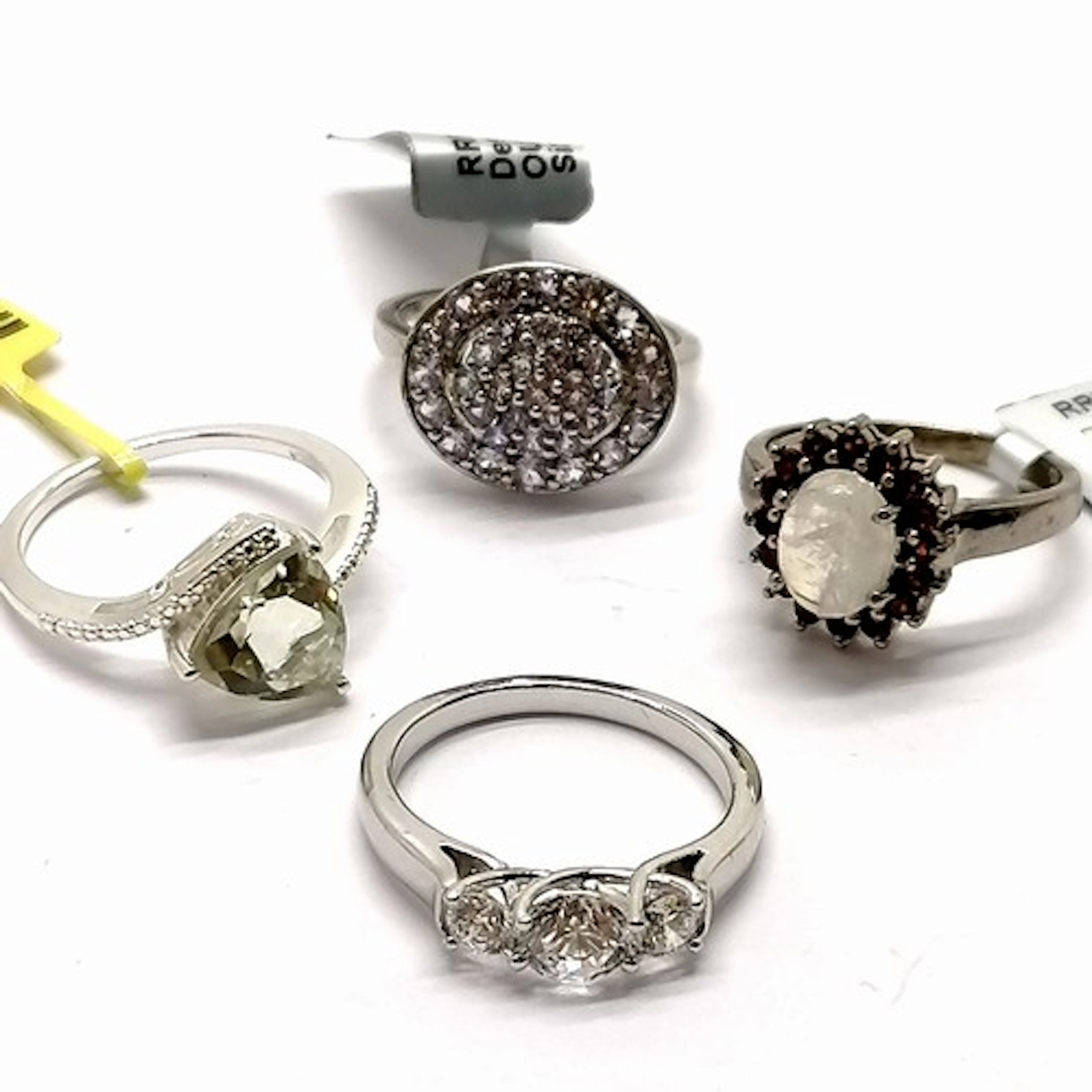 4 x silver stone set rings inc with labels (moonstone & red ...