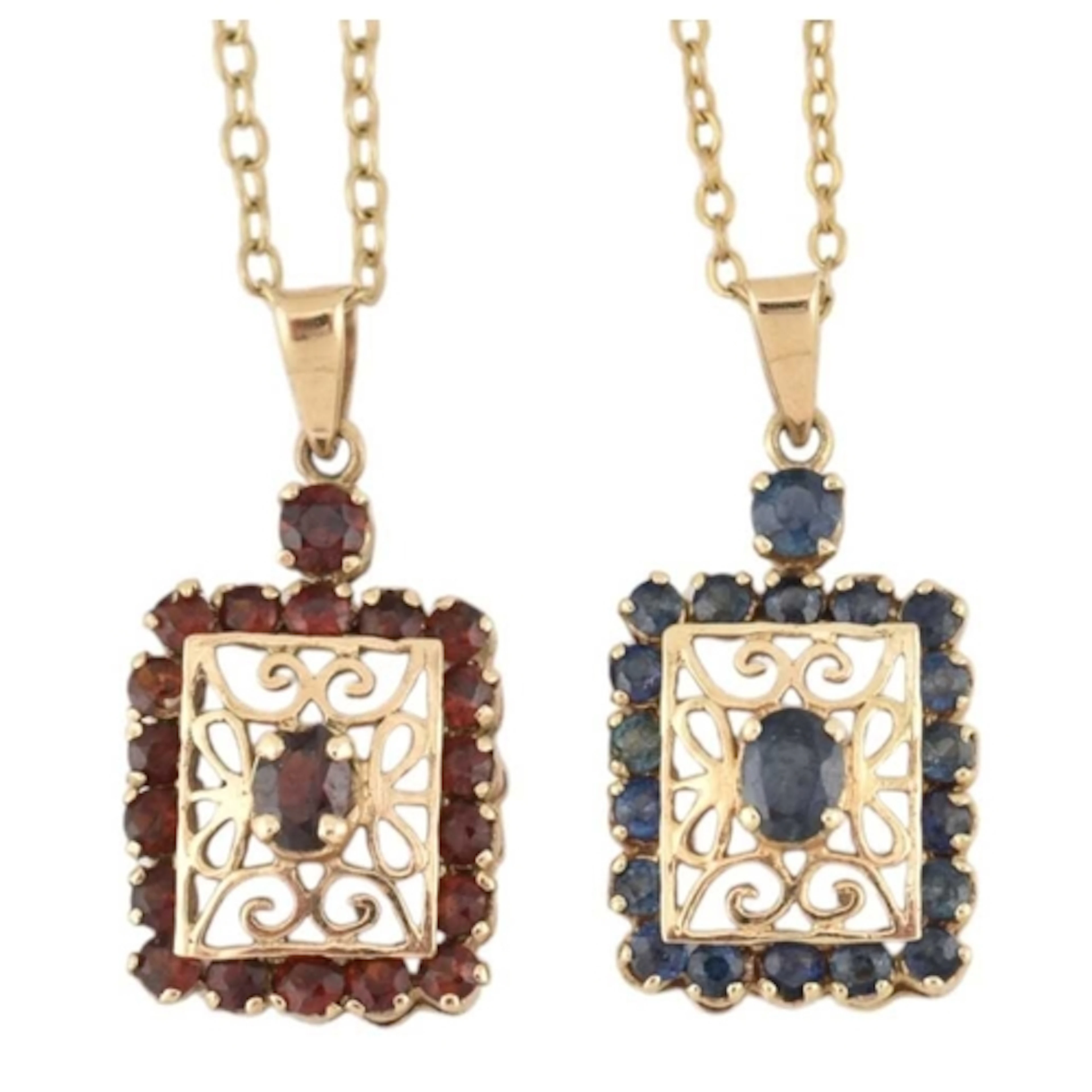 A pair of 9ct gold necklaces strung with 9ct gold square pen...