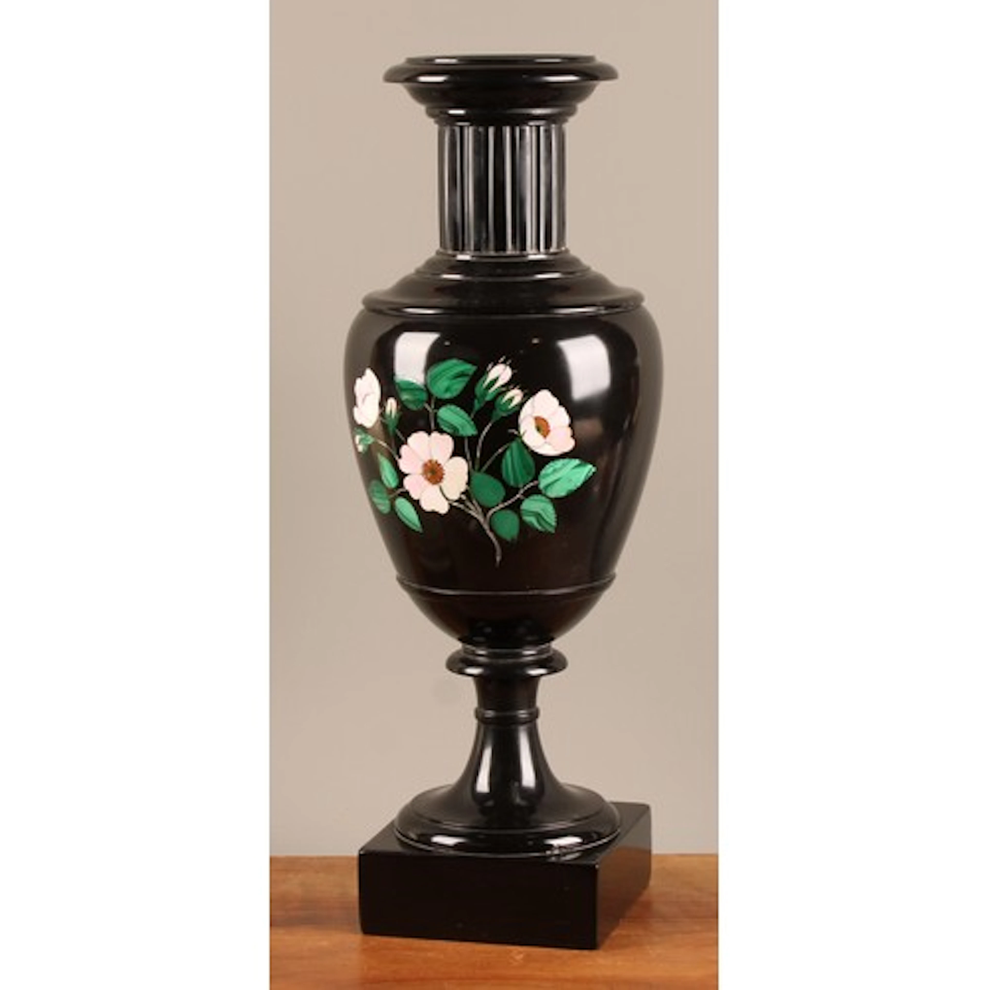 A large 19th century Ashford marble urn, pietra dura inlaid ...
