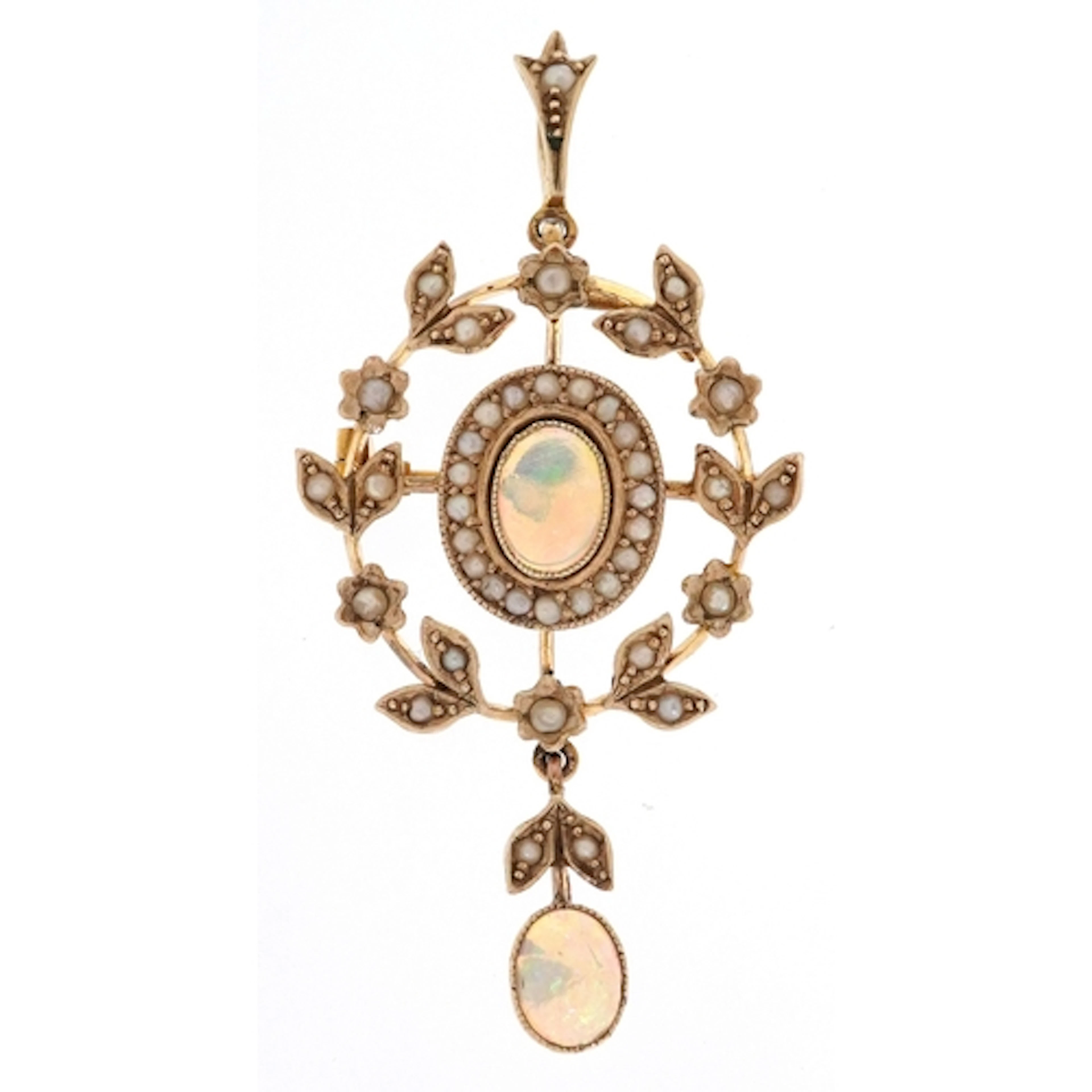 Edwardian 9ct gold seed pearl and cabochon opal openwork pen...