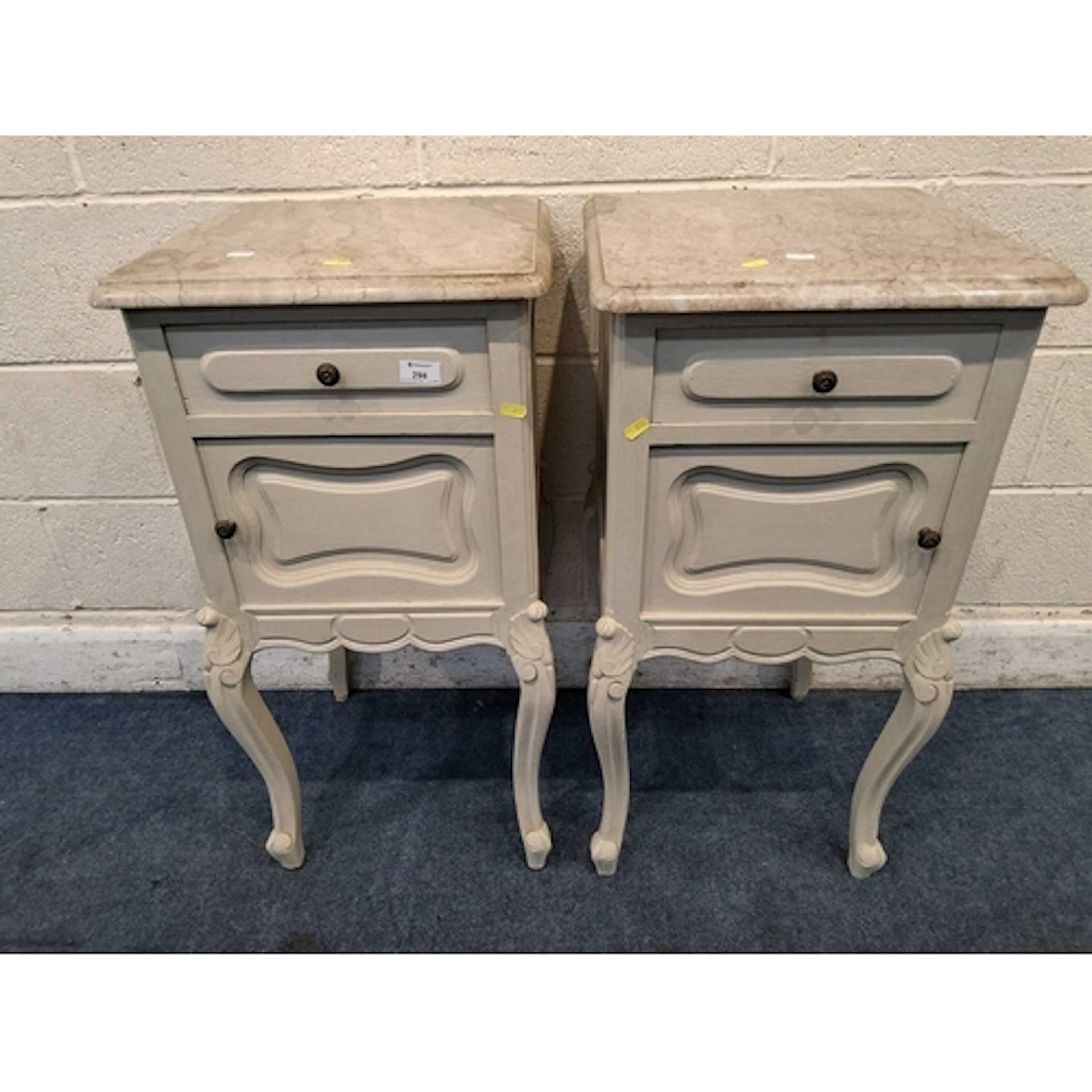 AN OPPOSIING PAIR OF PAINTED OAK MARBLE TOP BEDSIDE CABINETS...