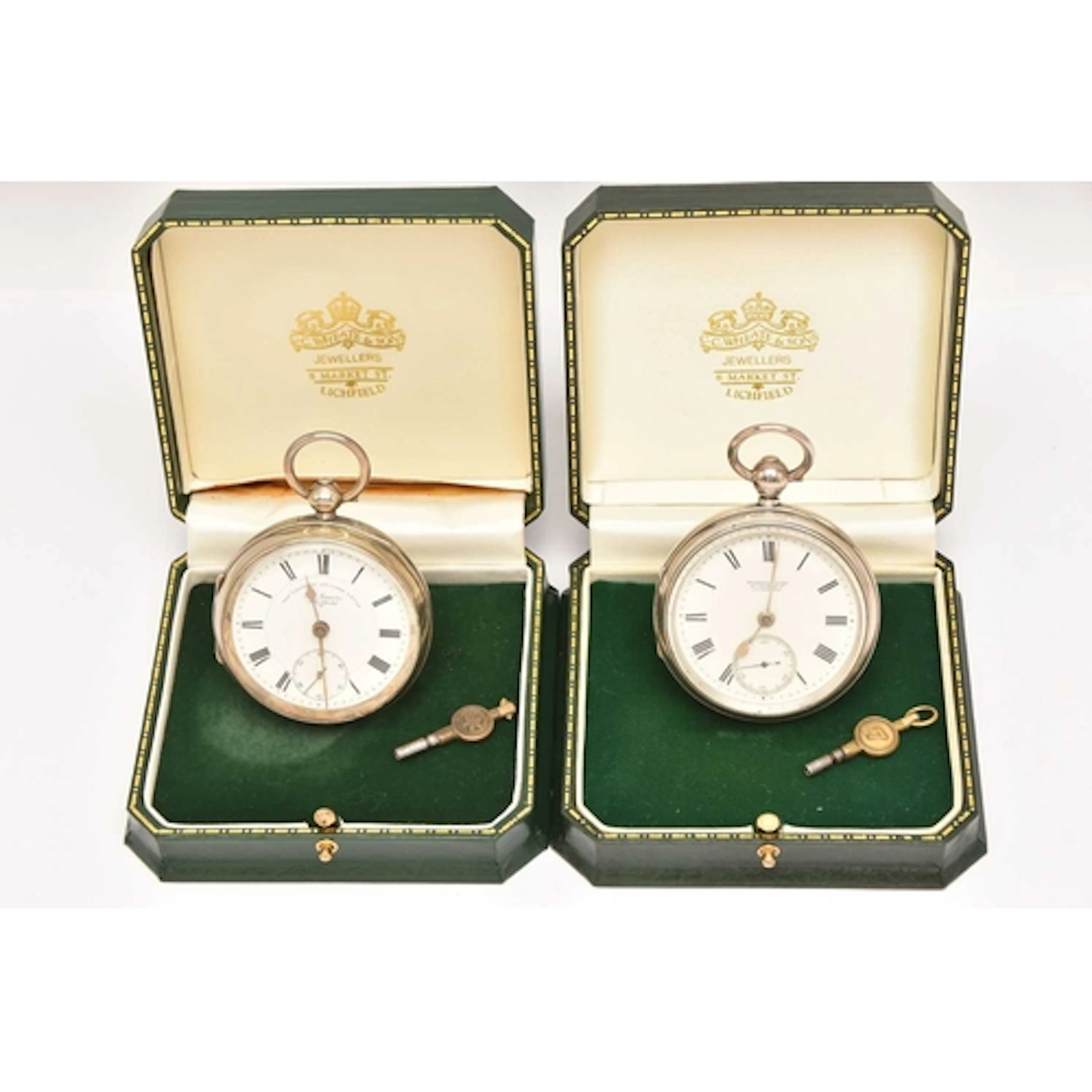 TWO SILVER OPEN FACE POCKET WATCHES, key wound, round white ...