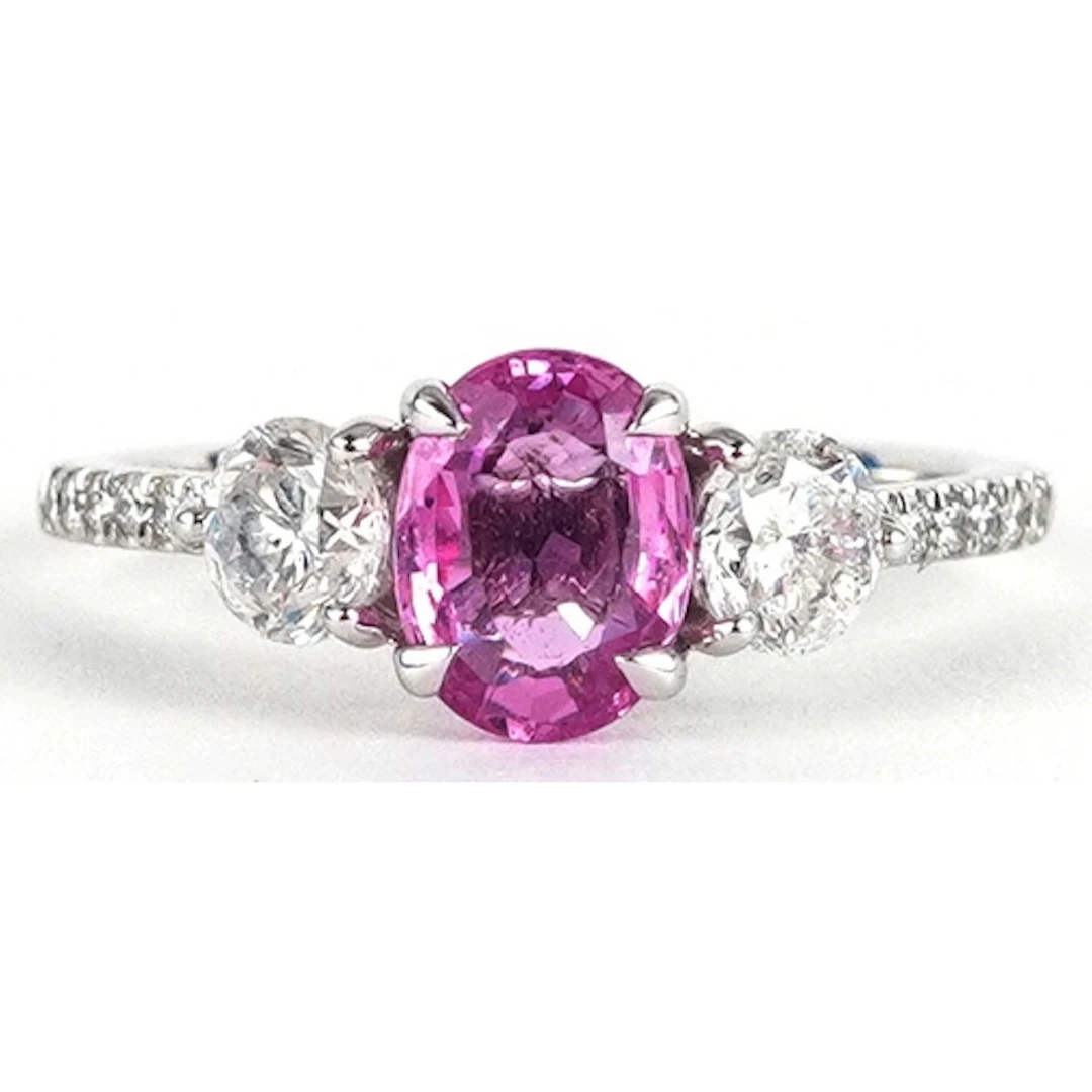Platinum pink sapphire and diamond trilogy ring with diamond...