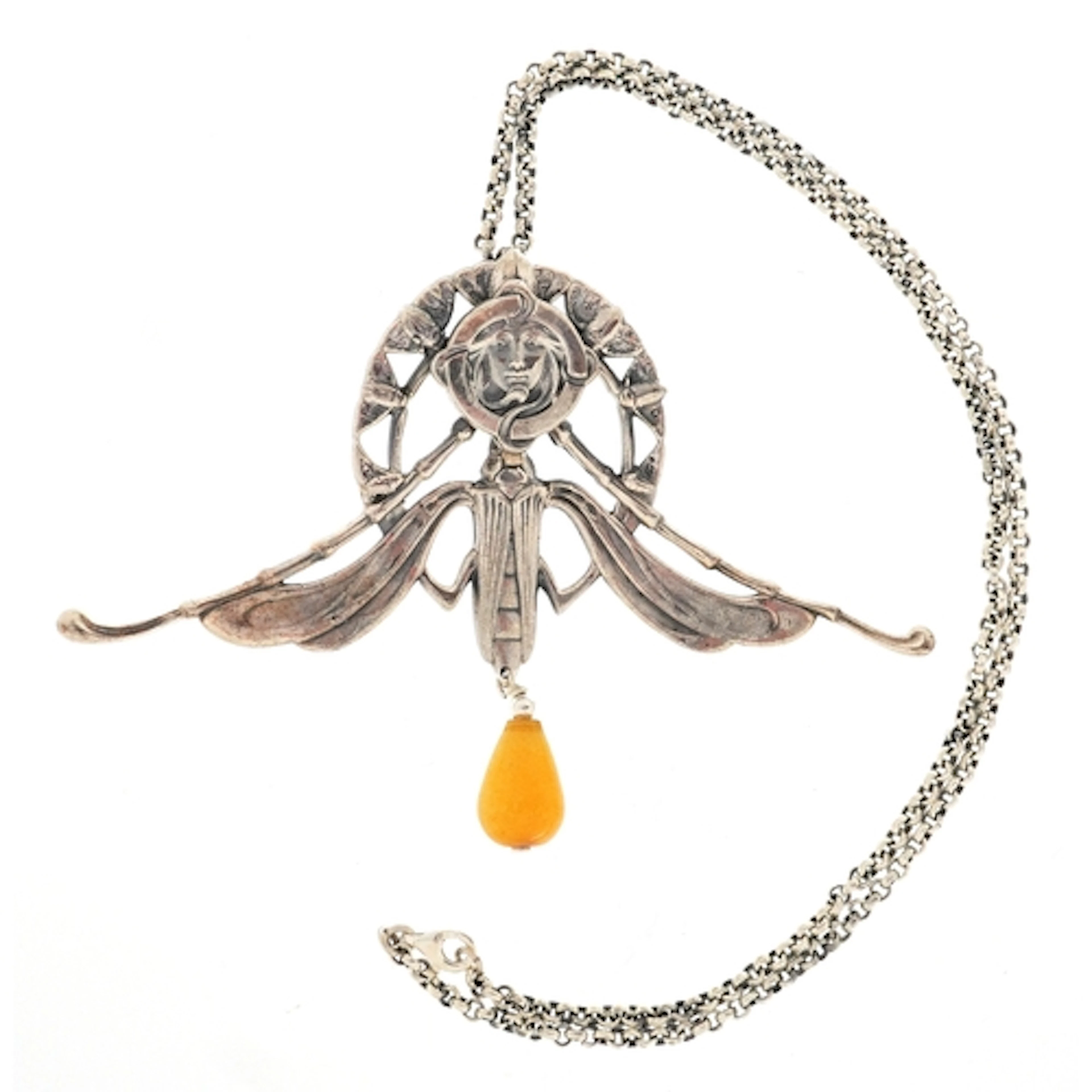 Egyptian Revival sterling silver pendant with amber coloured...