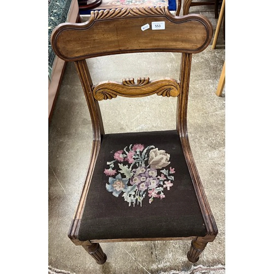 Victorian dining chair with tapestry seat, supported on read...
