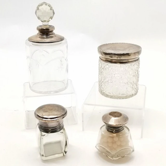 4 x antique silver mounted dressing table jars - largest jar...