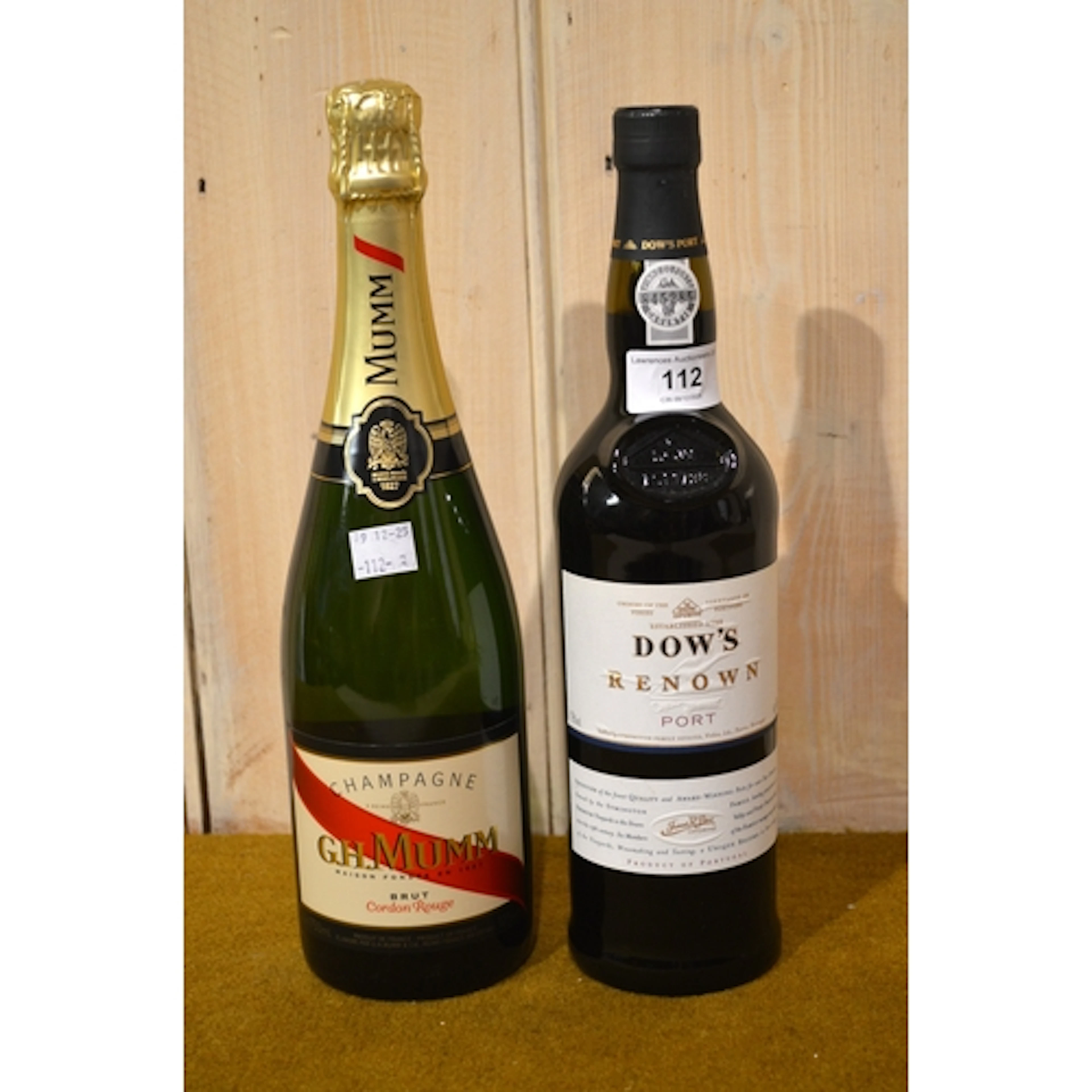 Bottle of Dow's Renown Port, and one bottle Champagne GH Mum...