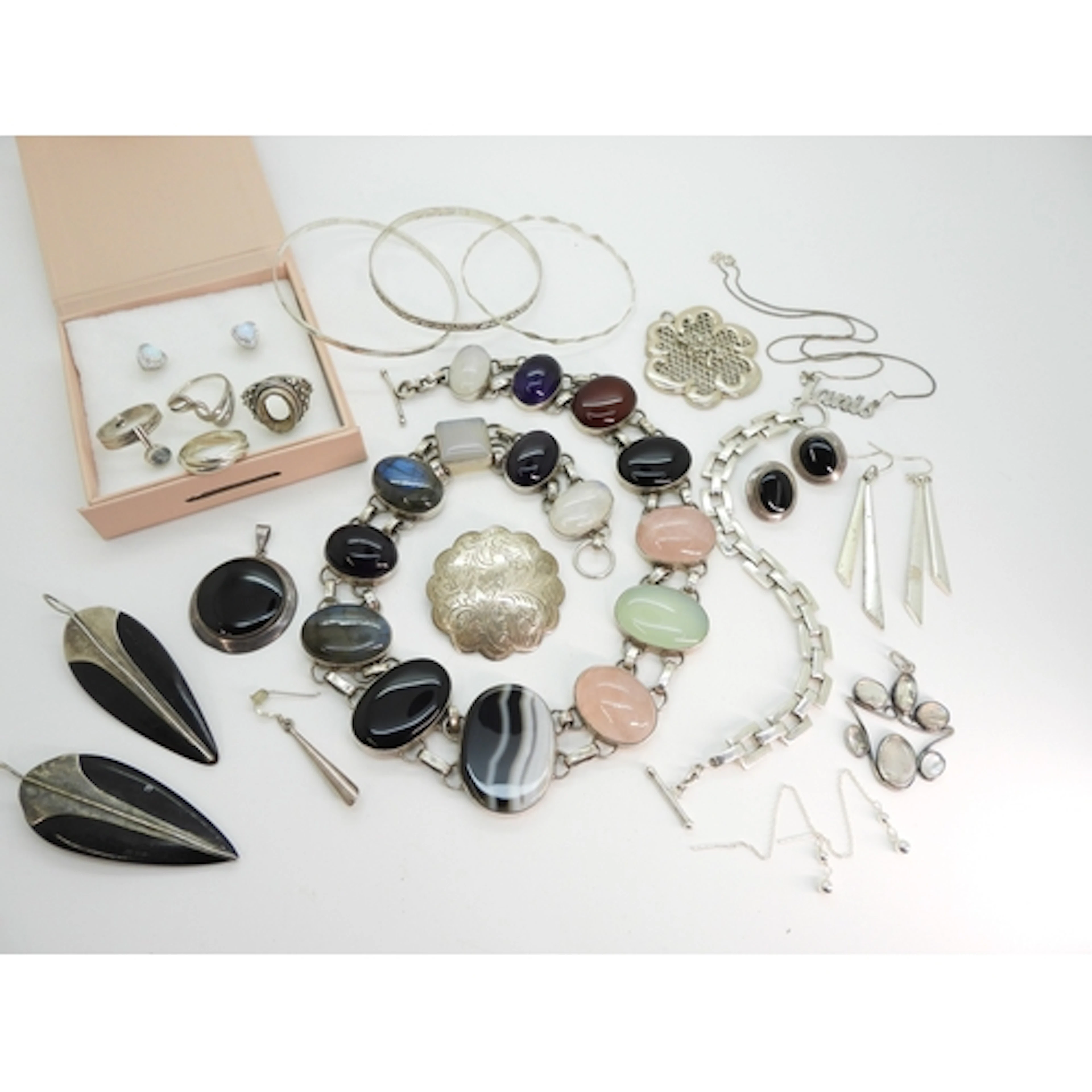 A statement silver necklace, set with moonstone, labradorite...
