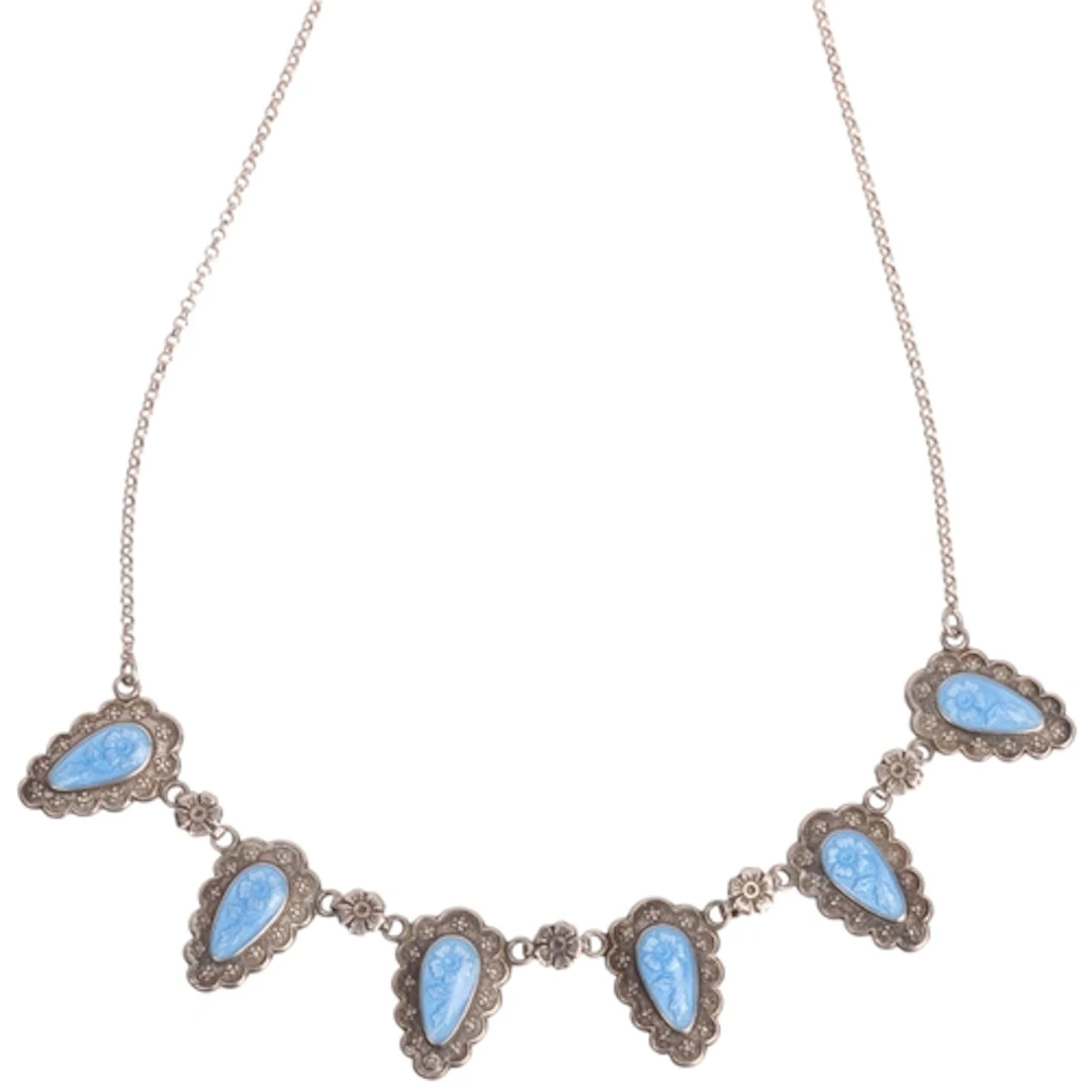 An Art Nouveau silver enamel fringe necklace, pear-shaped pa...