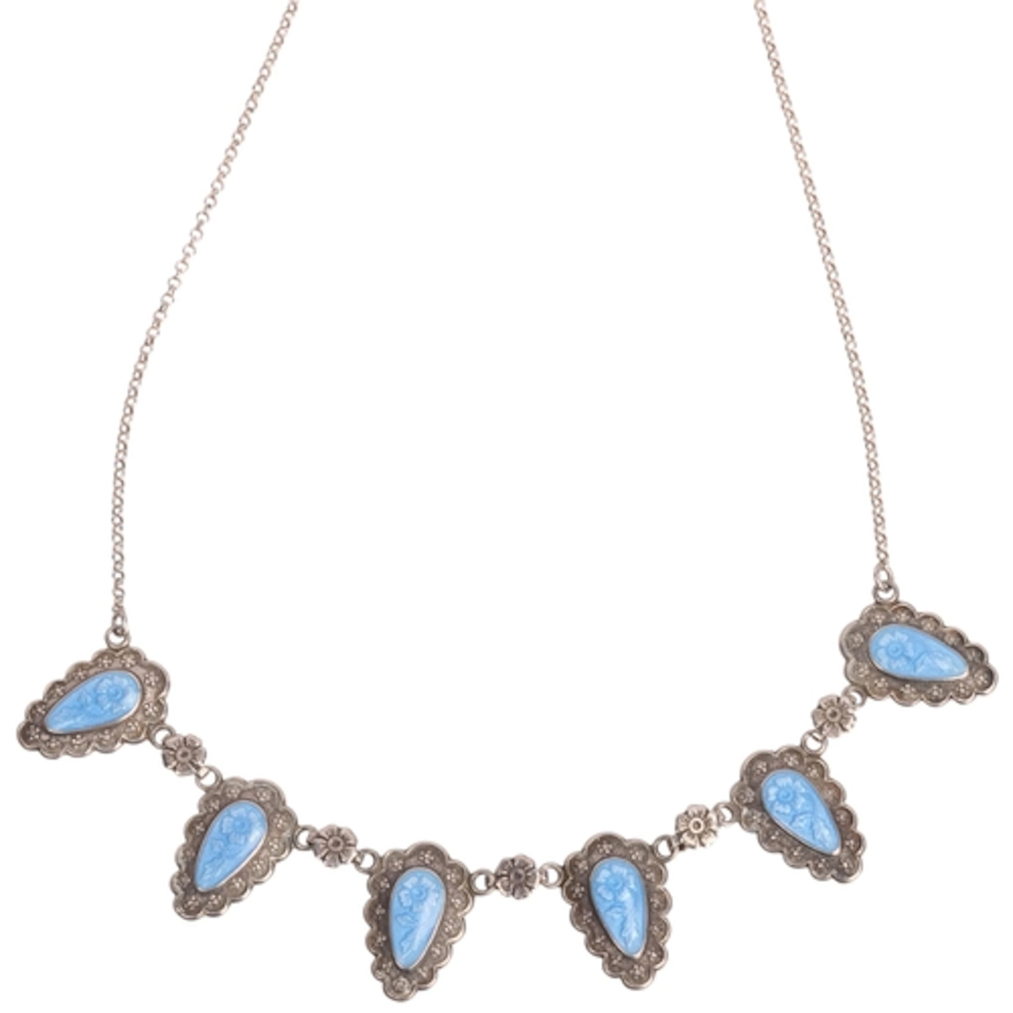 An Art Nouveau silver enamel fringe necklace, pear-shaped pa...
