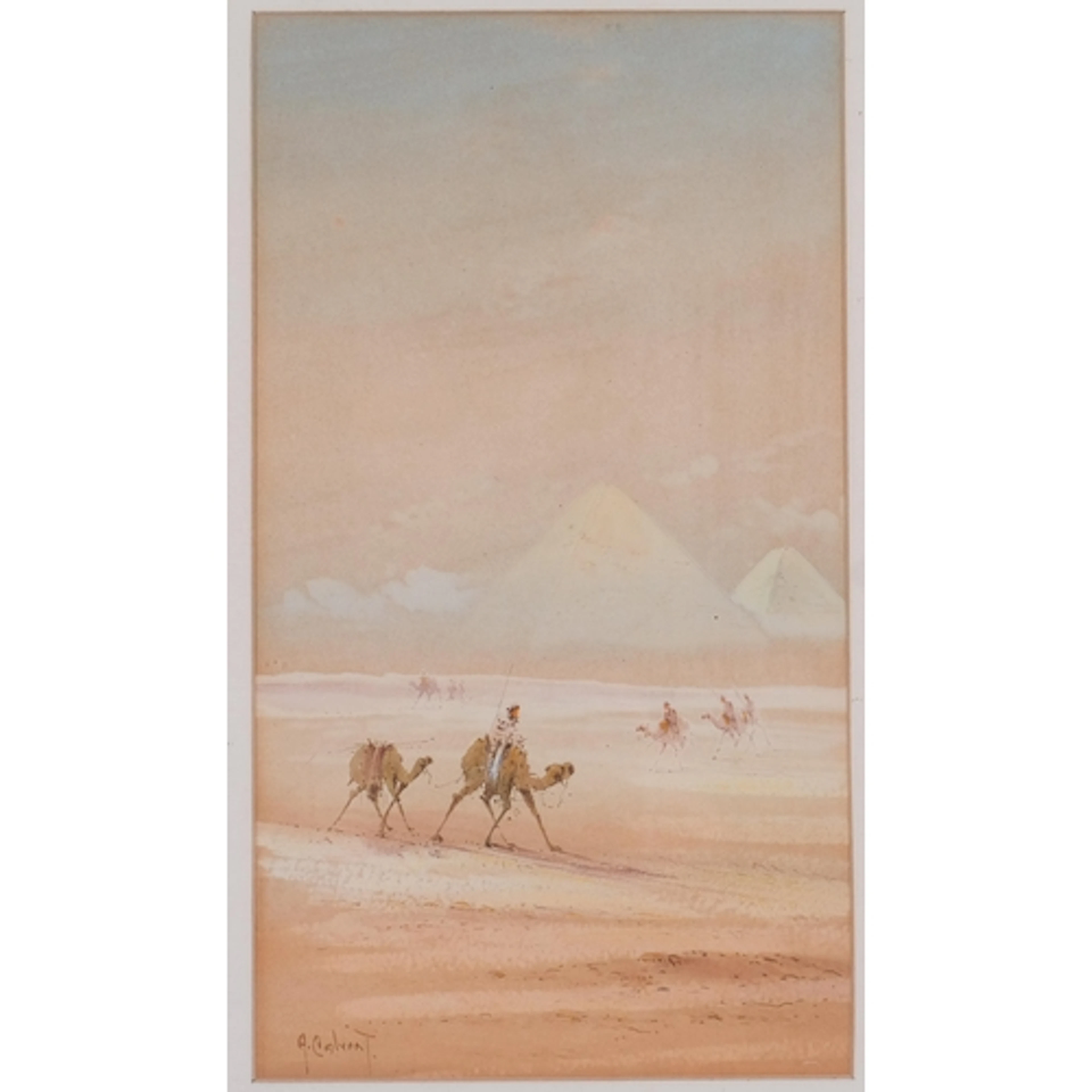 A Calvert, camel riders in the desert near Giza, watercolour...