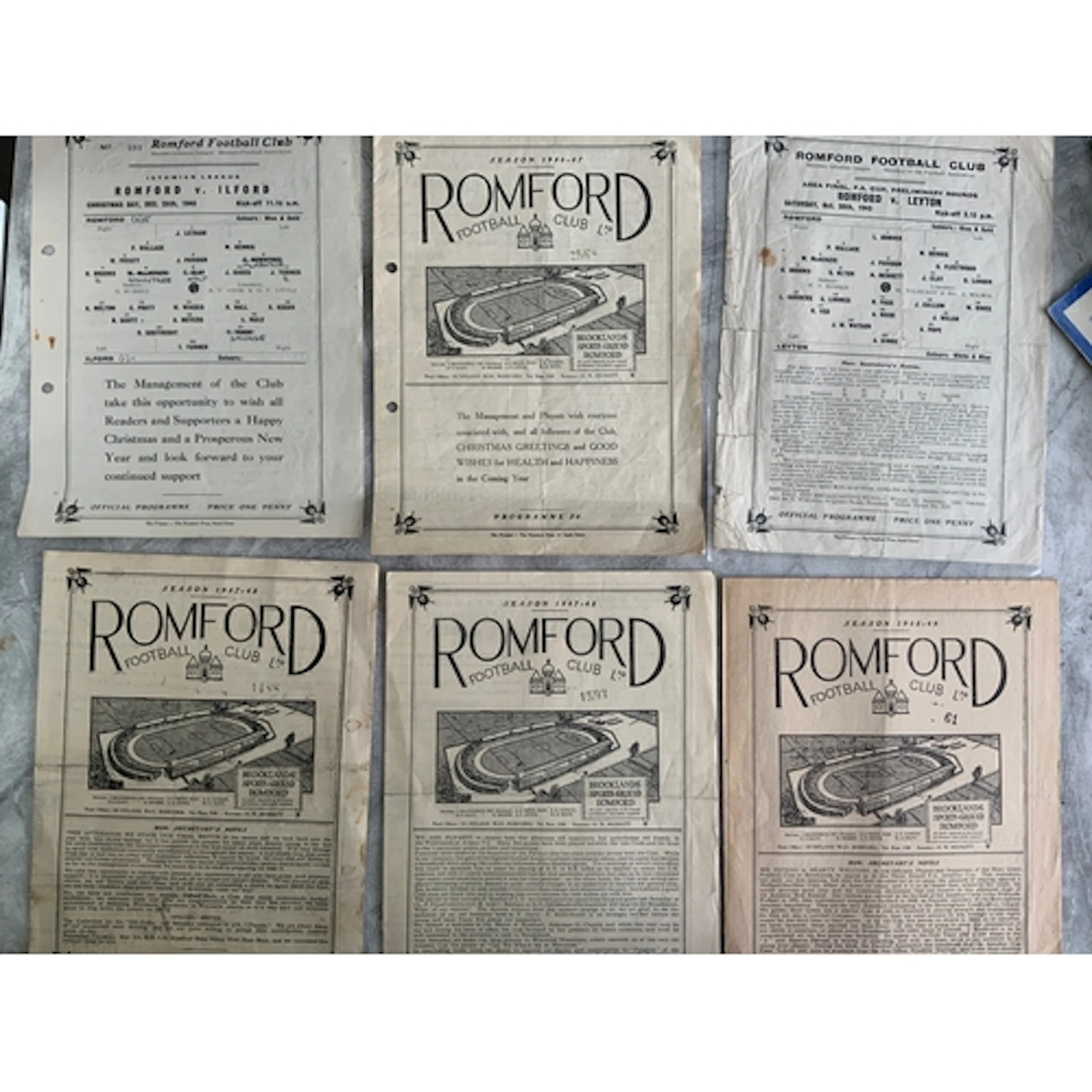 Romford 1940s Football Programmes: Homes v 45/46 Ilford, Ley...