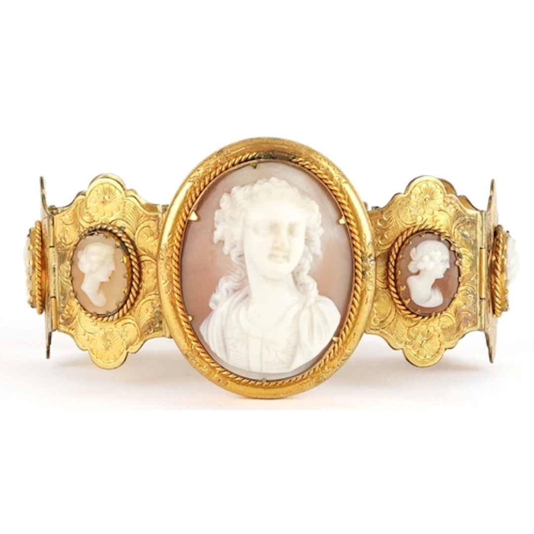 Antique gilt metal cameo shell bracelet carved with maidens,...