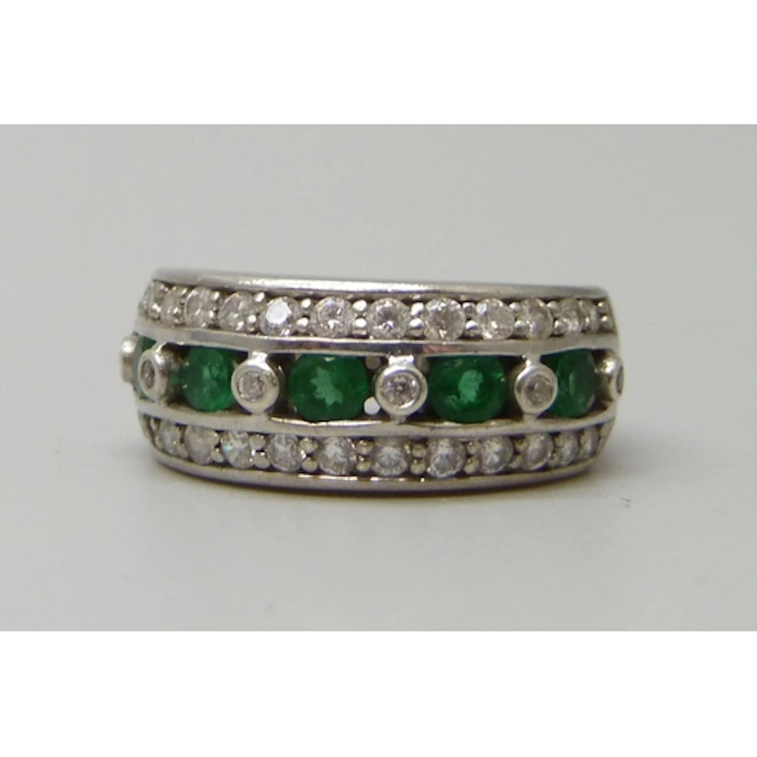 A silver, green stone and cubic zirconia ring, L
