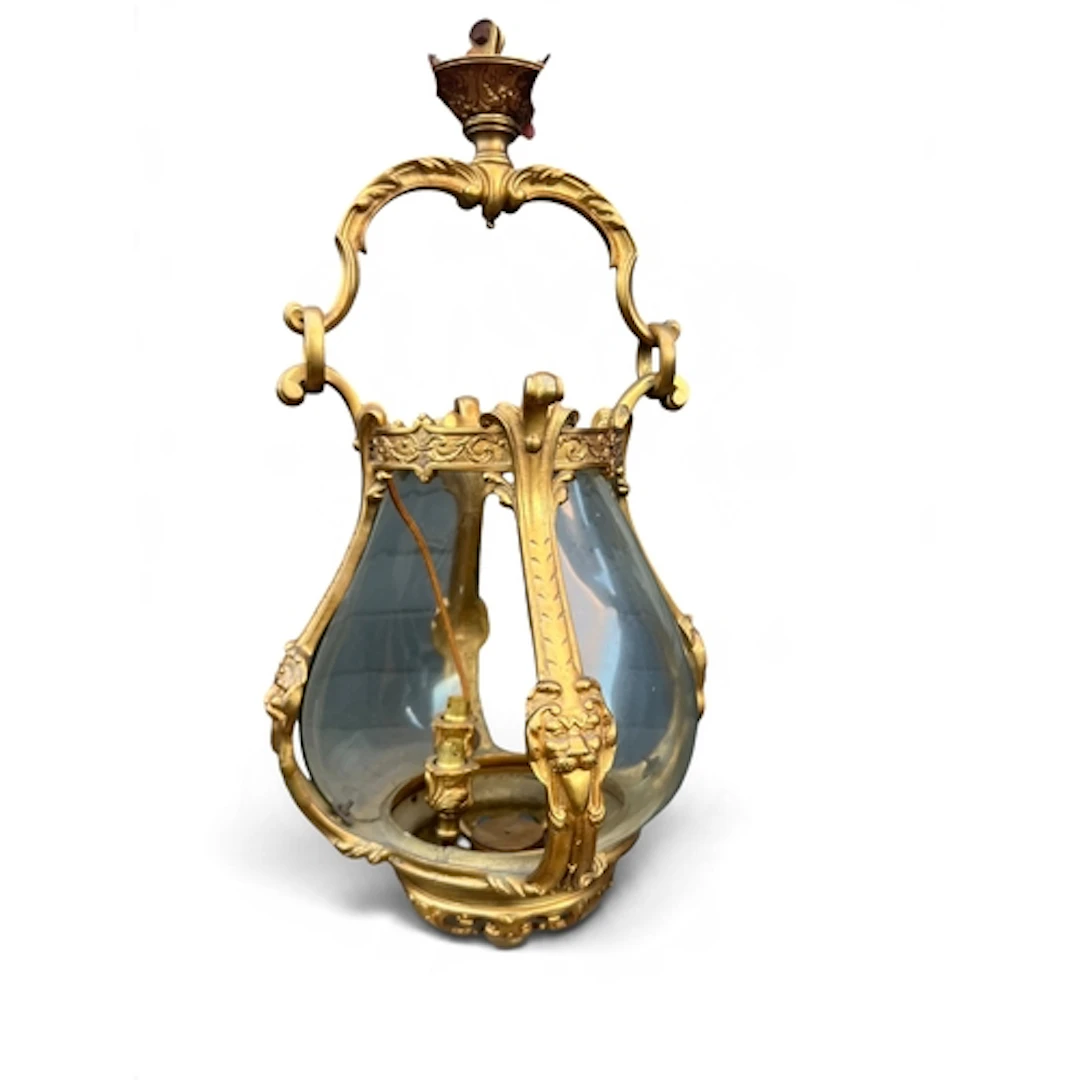 AN ANTIQUE FRENCH GILDED BRONZE BOMBE HALL LANTERN IN THE RO...
