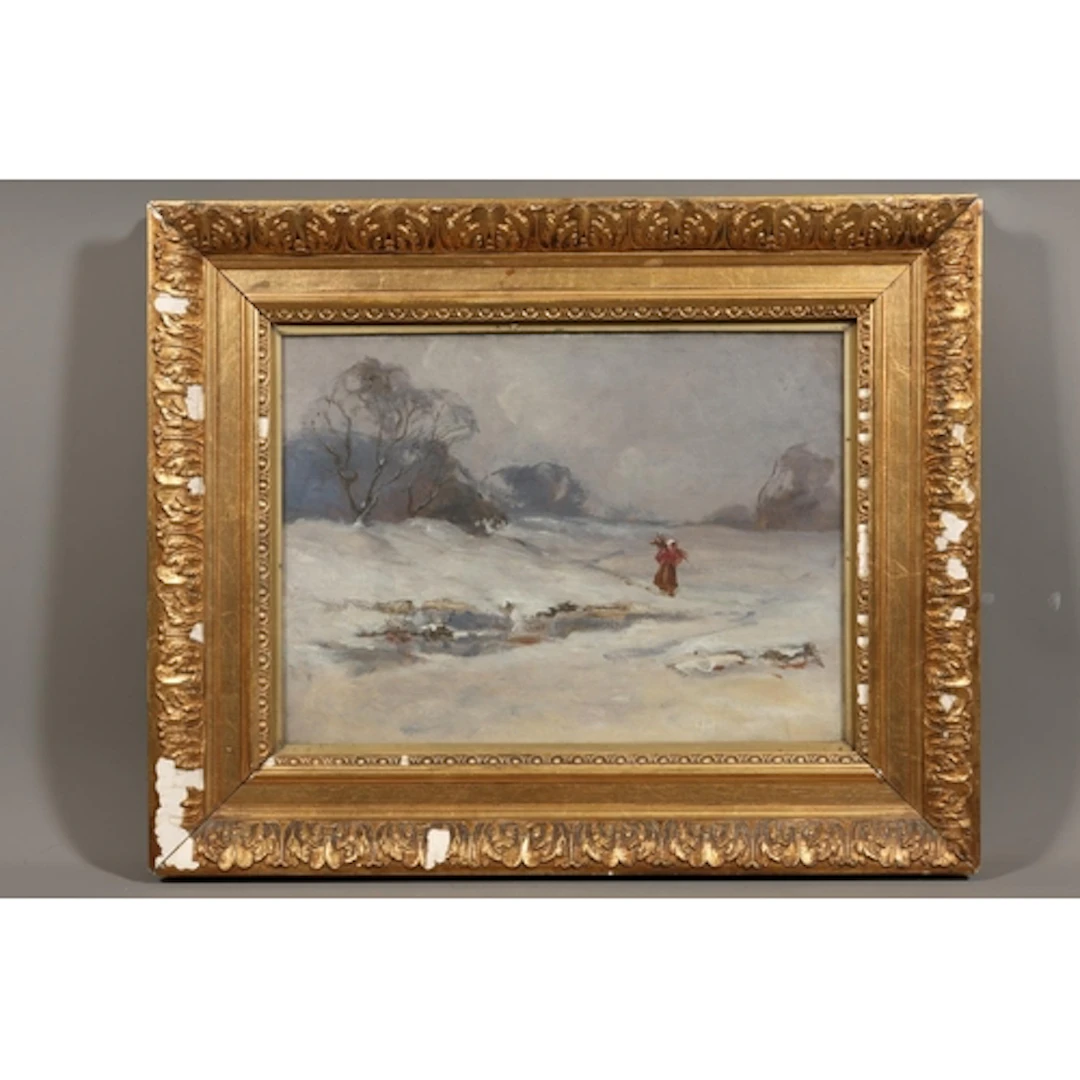 19TH CENTURY SCHOOL, snow scene, oil painting on canvas, uns...