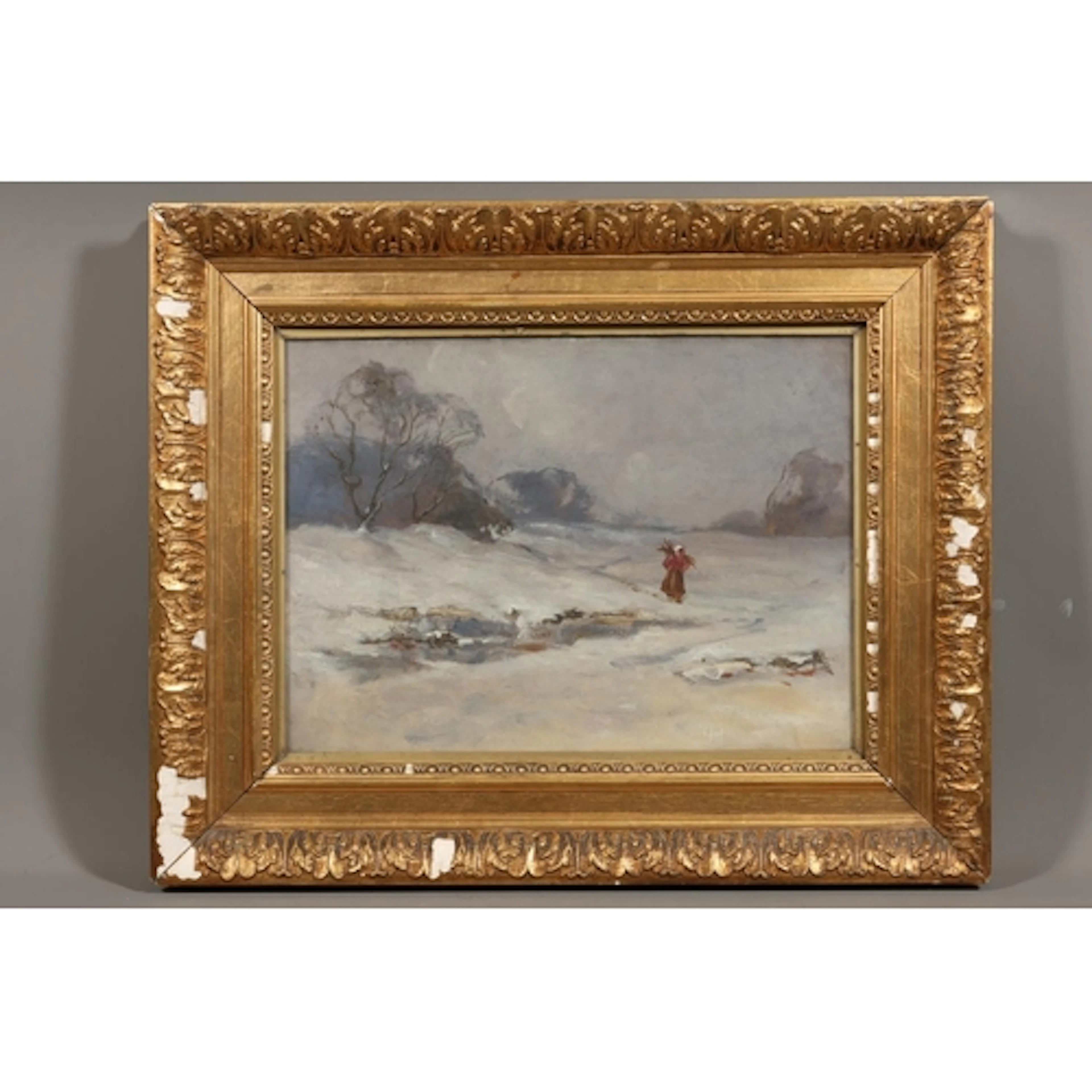 19TH CENTURY SCHOOL, snow scene, oil painting on canvas, uns...