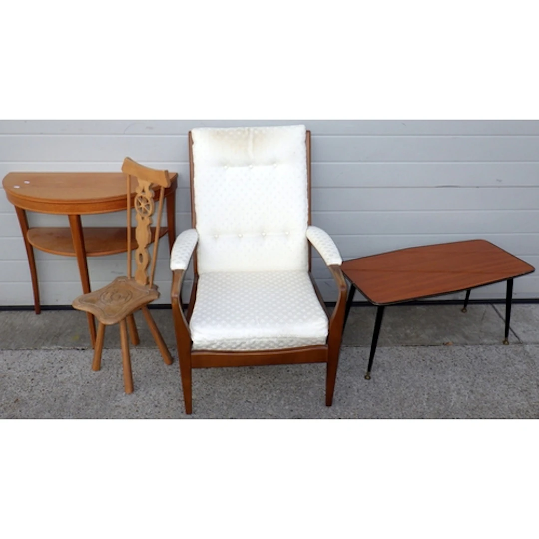 A Cintique armchair frame, coffee table, side table and a sp...