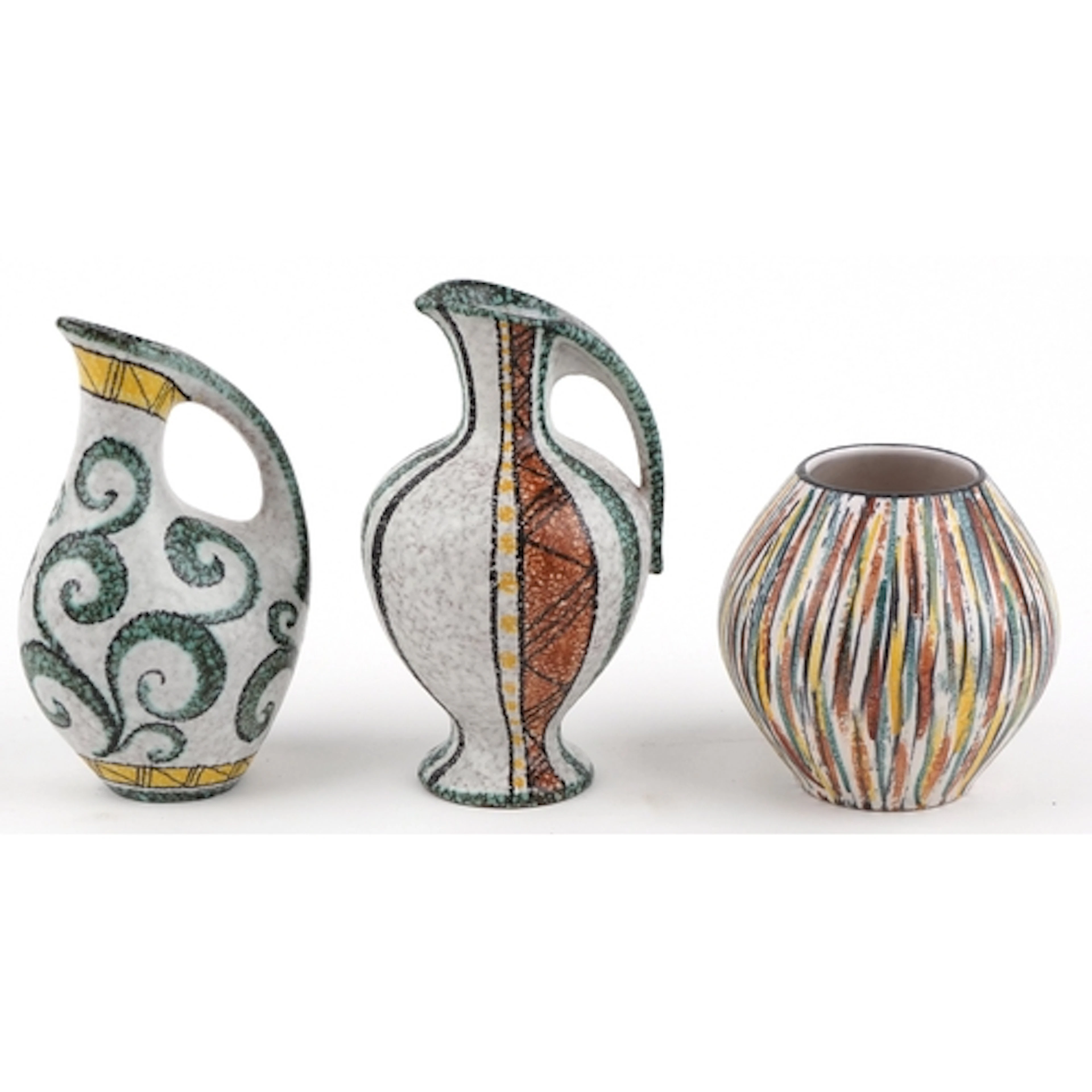 Two Ruscha hand painted pottery jugs and similar vase, the l...