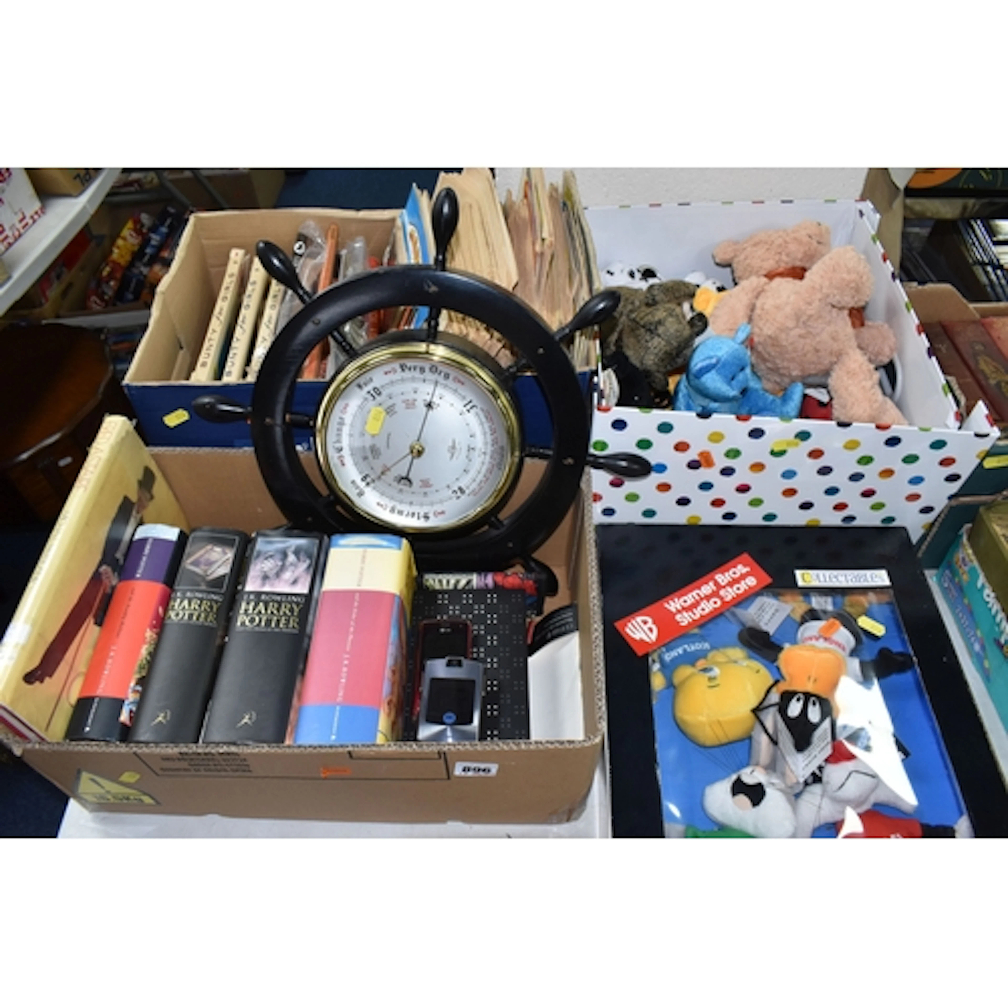 THREE BOXES AND LOOSE CHILDREN'S BOOKS, COMICS, AND PLUSH TO...