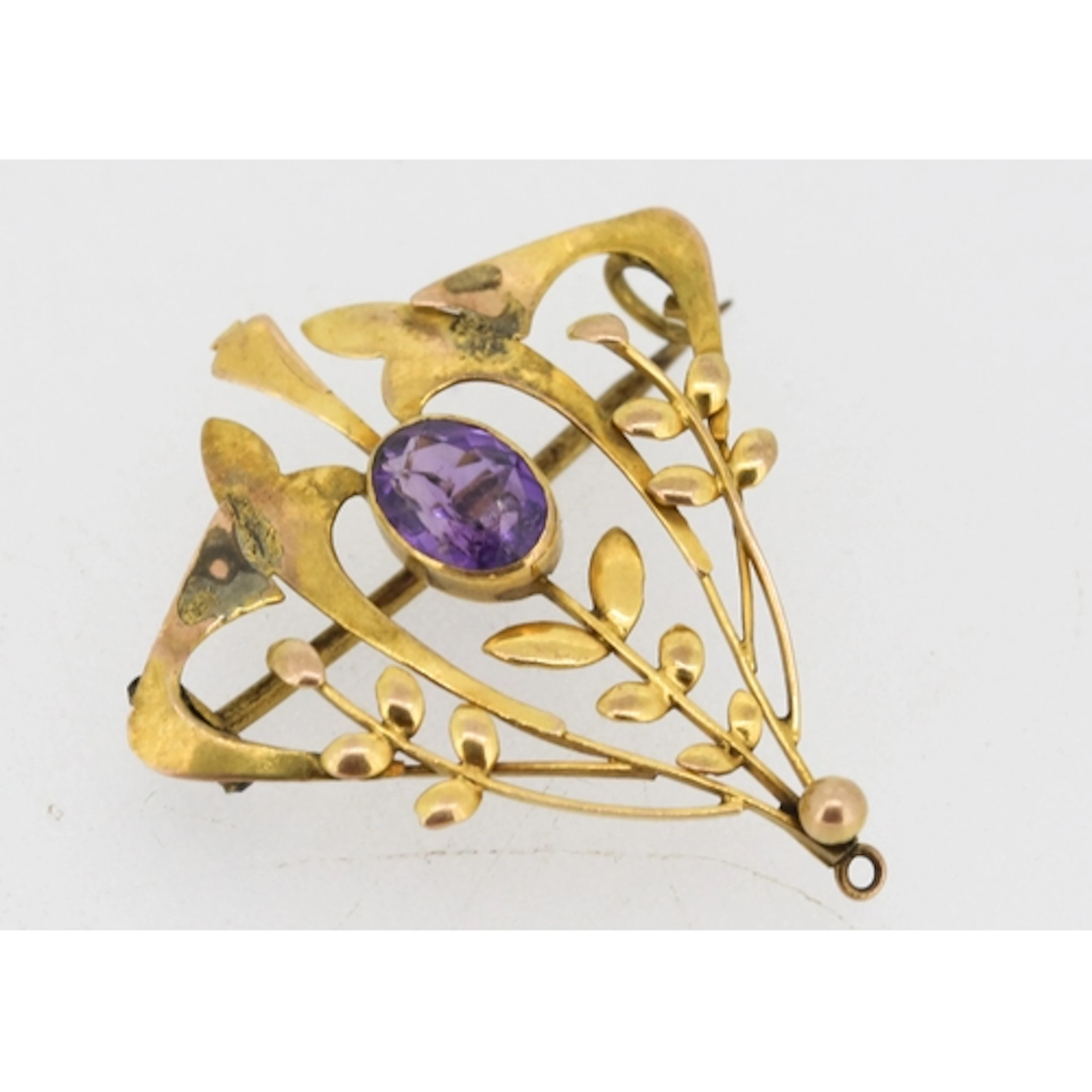 Amethyst Bezel Set Brooch with Delicate Floral Leaf Motifs, ...