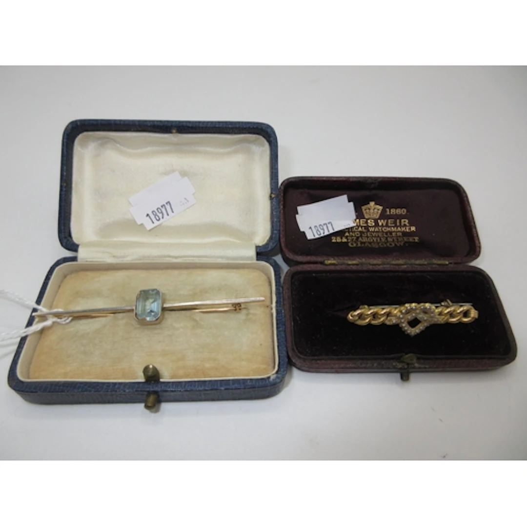 Yellow Metal Bar Brooch Set with a Blue Stone, 3.84g, and a ...