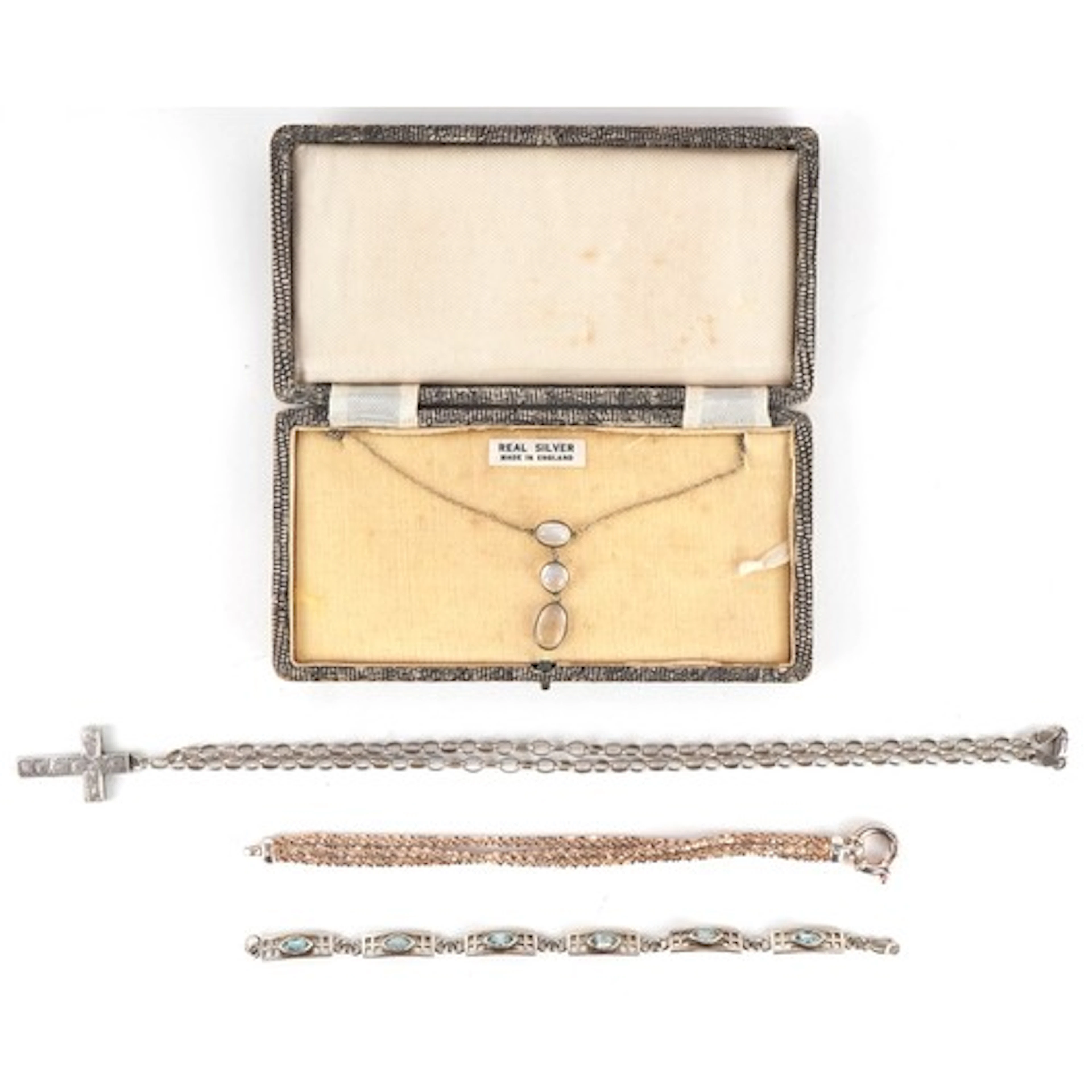 Silver jewellery including a moonstone necklace, silver cros...