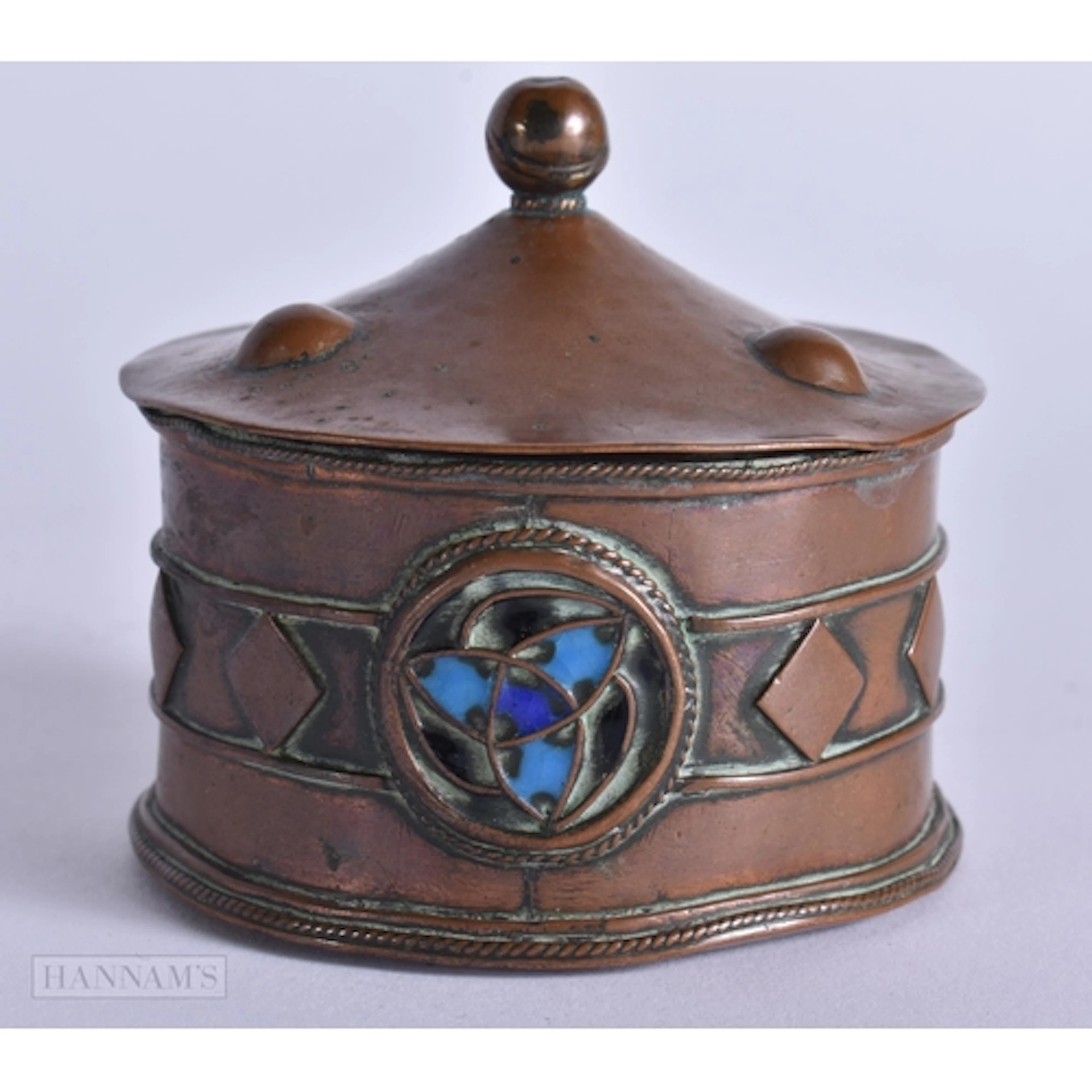 AN ART DECO ARTS AND CRAFTS DESIGN ENAMEL COPPER BOX AND COV...