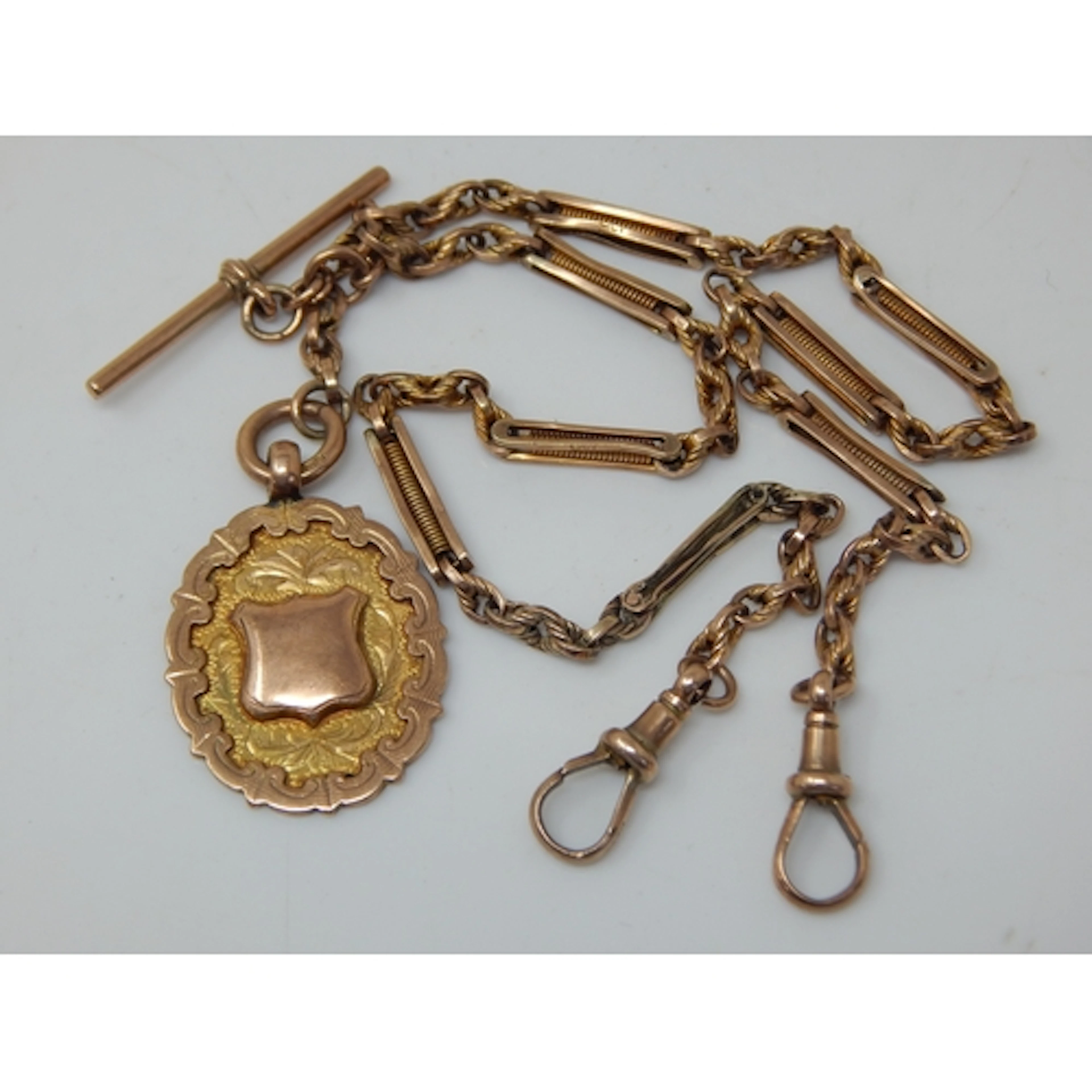 9ct Gold Double Albert Chain with T-Bar, Twin Clips & Fob: W...