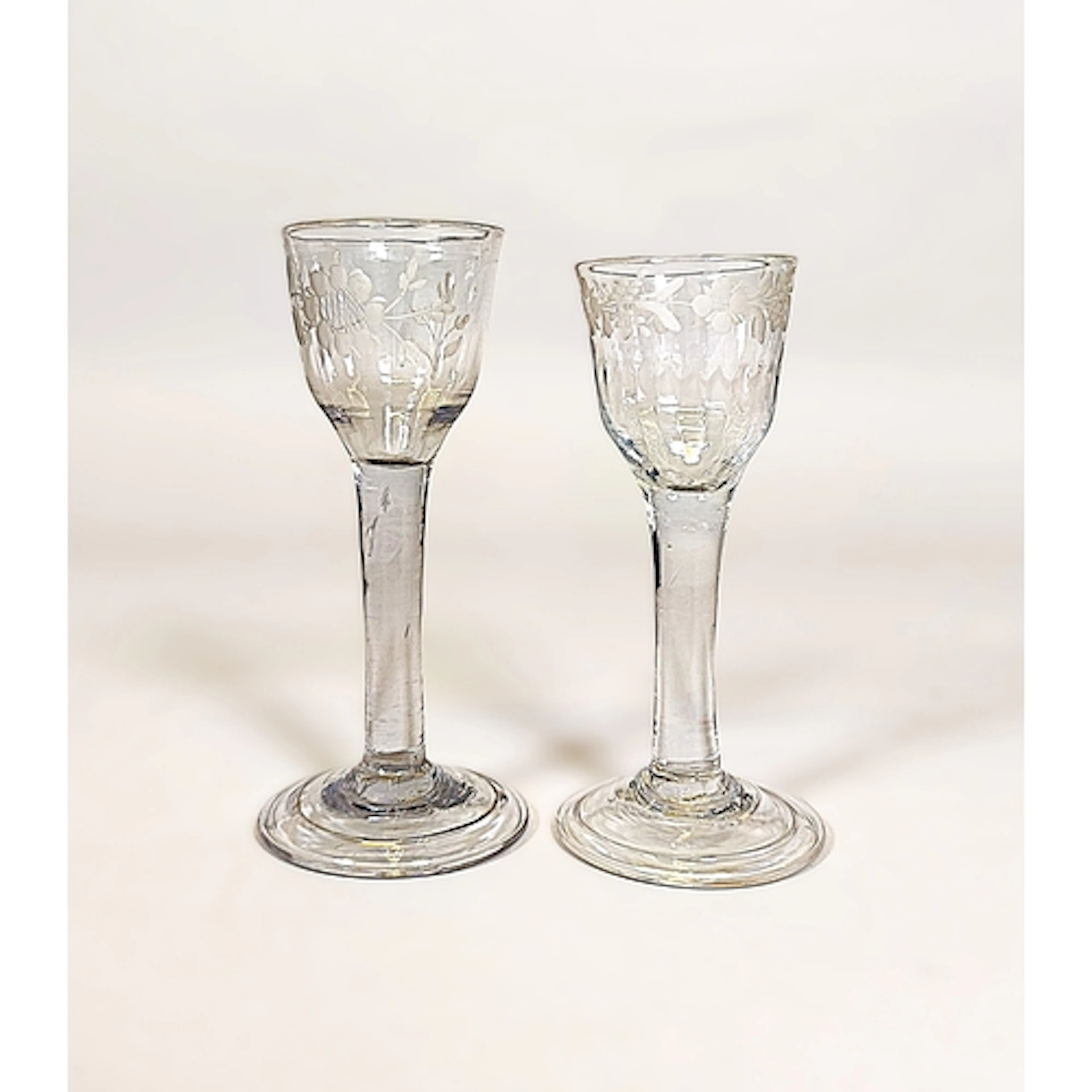 Two etched cordial glasses with egg shaped bowls, Probably 1...