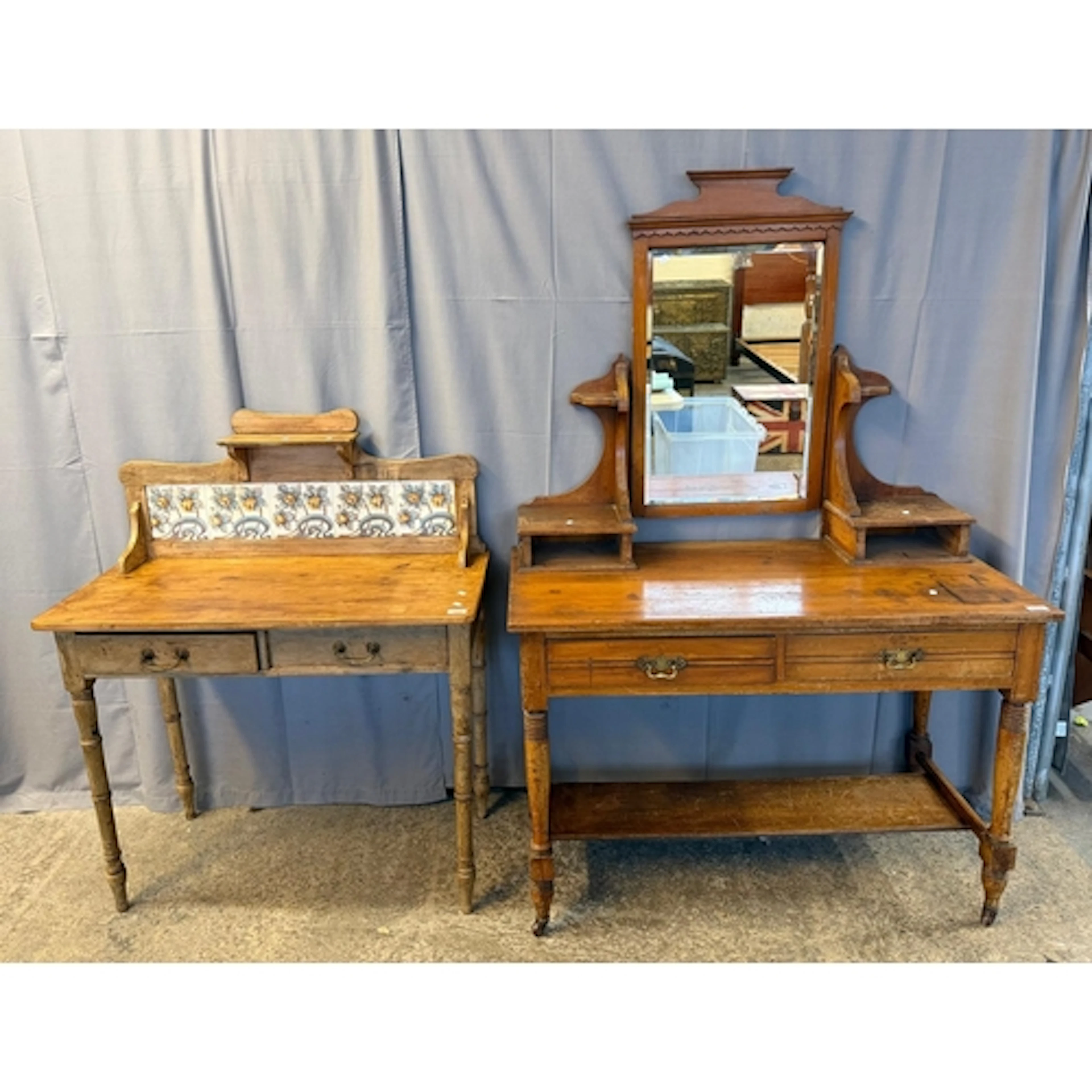 Arts and Crafts pine tiled back two drawer wash stand, toget...